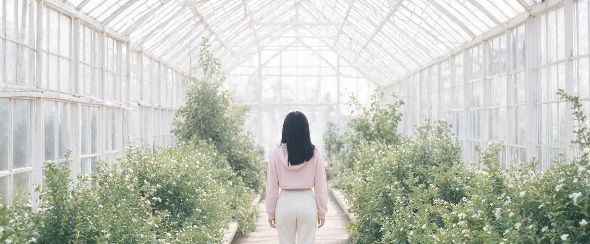 A woman in a pale pink hoodie walking the aisle of a sunlit glasshouse