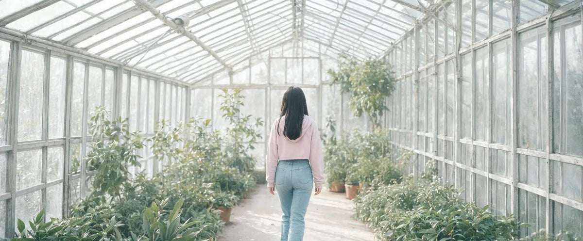 A sunlit glasshouse in spring, a woman in pink walking the center aisle
