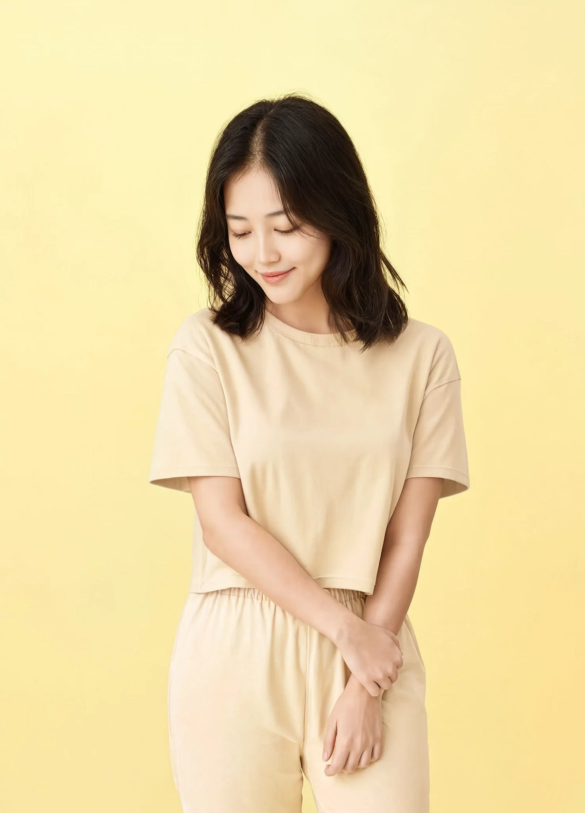 nabi Crop Top in Sunday Butter (soft butter yellow), worn with matching bottoms
