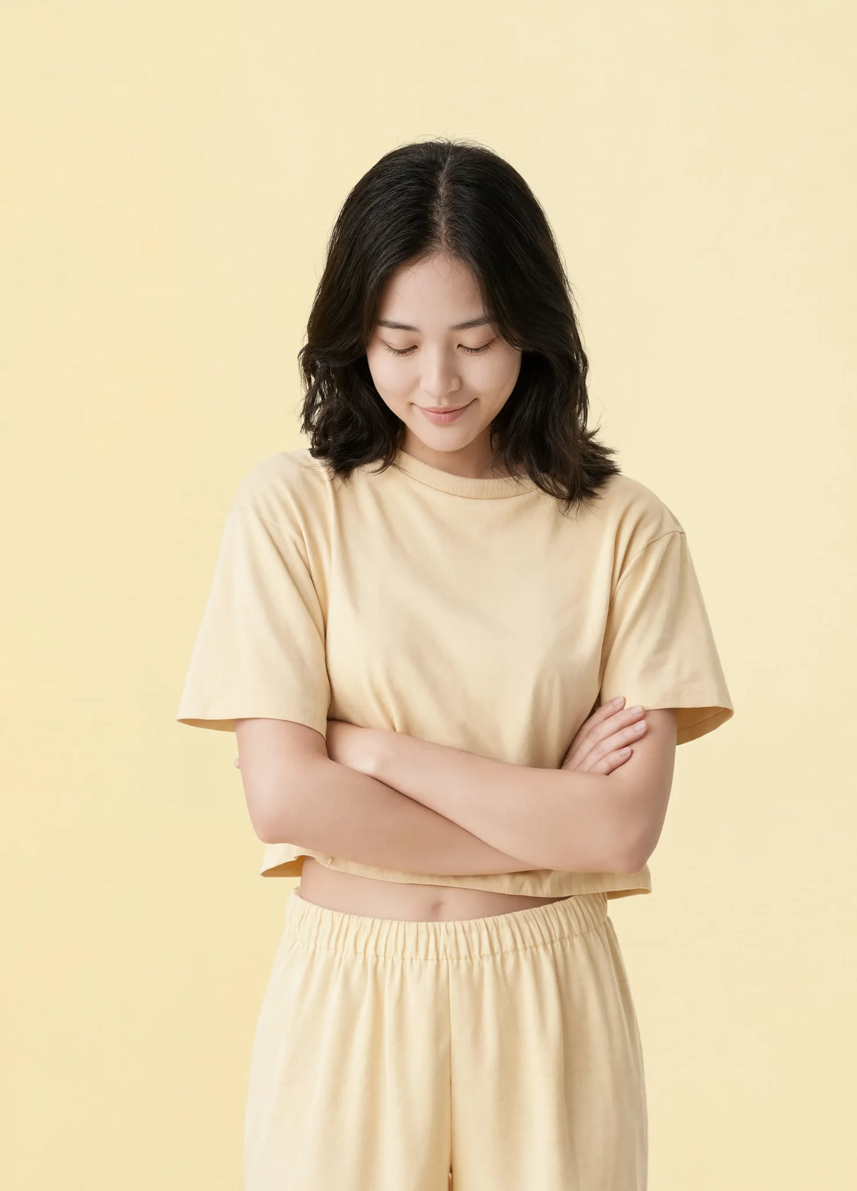 nabi Crop Top in Sunday Butter (soft butter yellow), front view on model, tonal backdrop