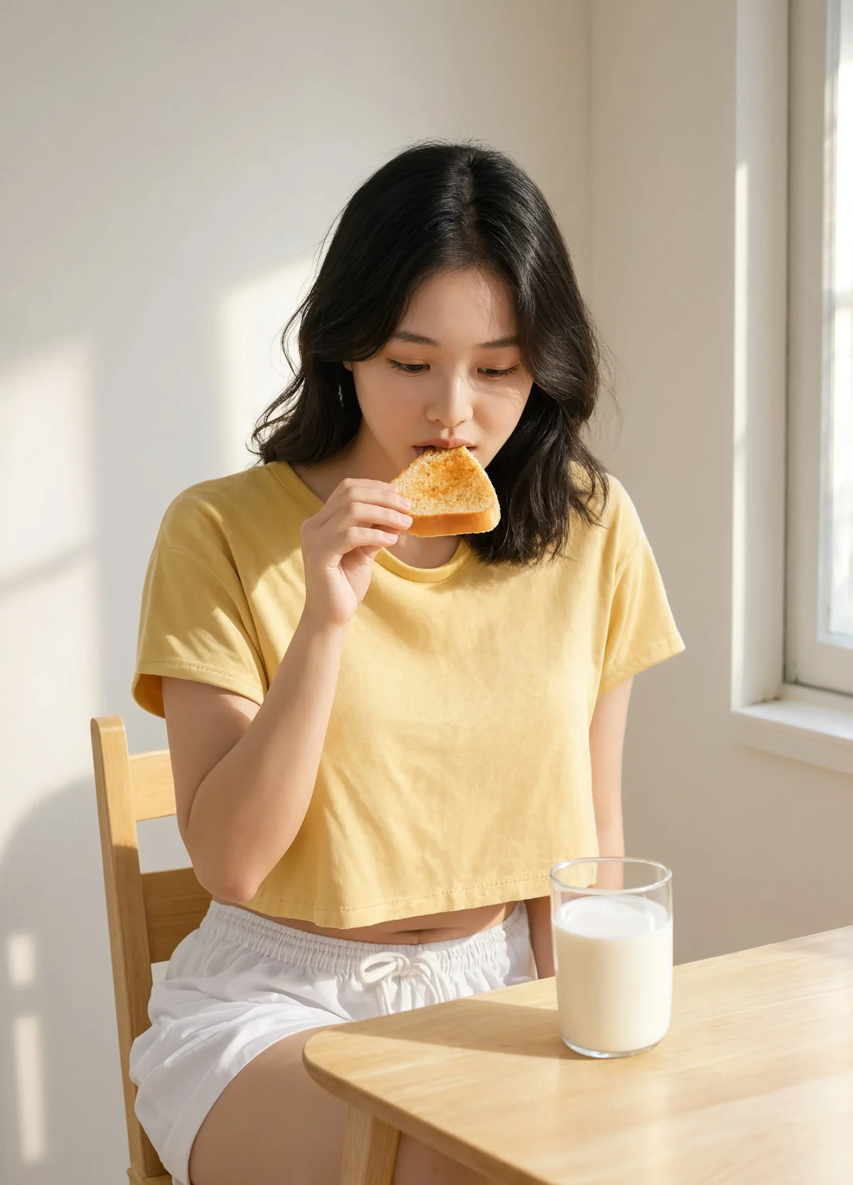 nabi Crop Top in Sunday Butter (soft butter yellow), kitchen morning candid