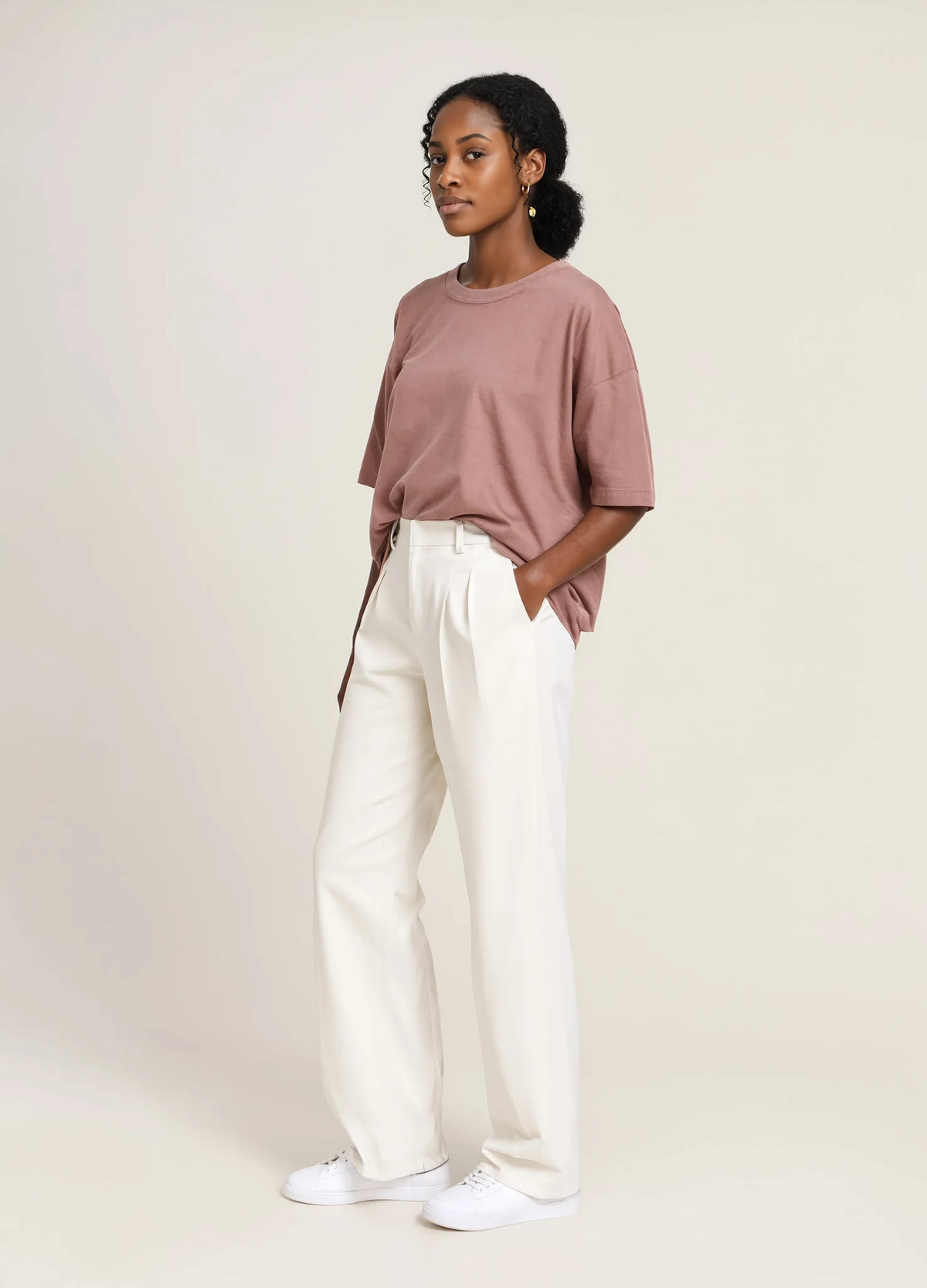 nabi Heavyweight Faded Tee in Ember Rose (dusty rose), side view on model