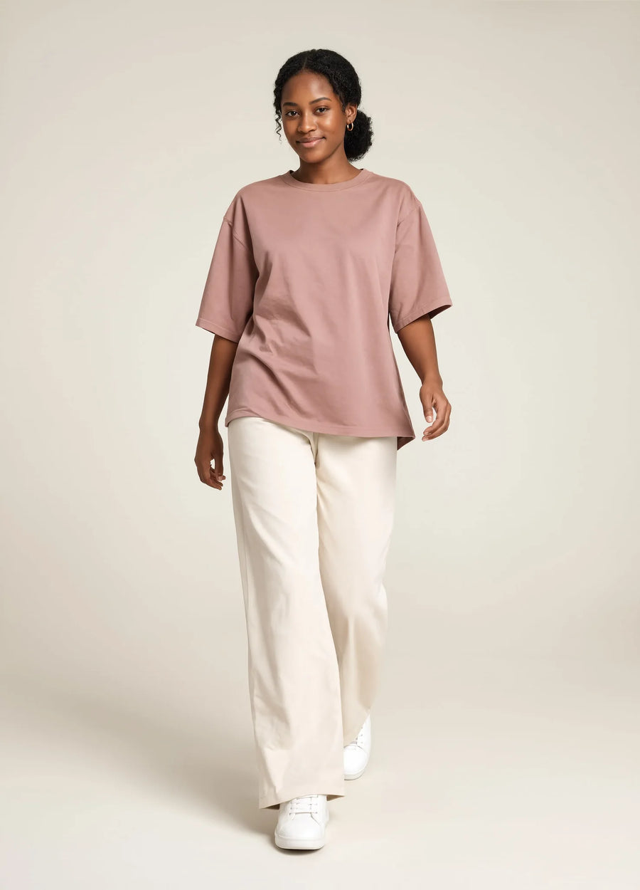 nabi Heavyweight Faded Tee in Ember Rose (dusty rose), front view on model