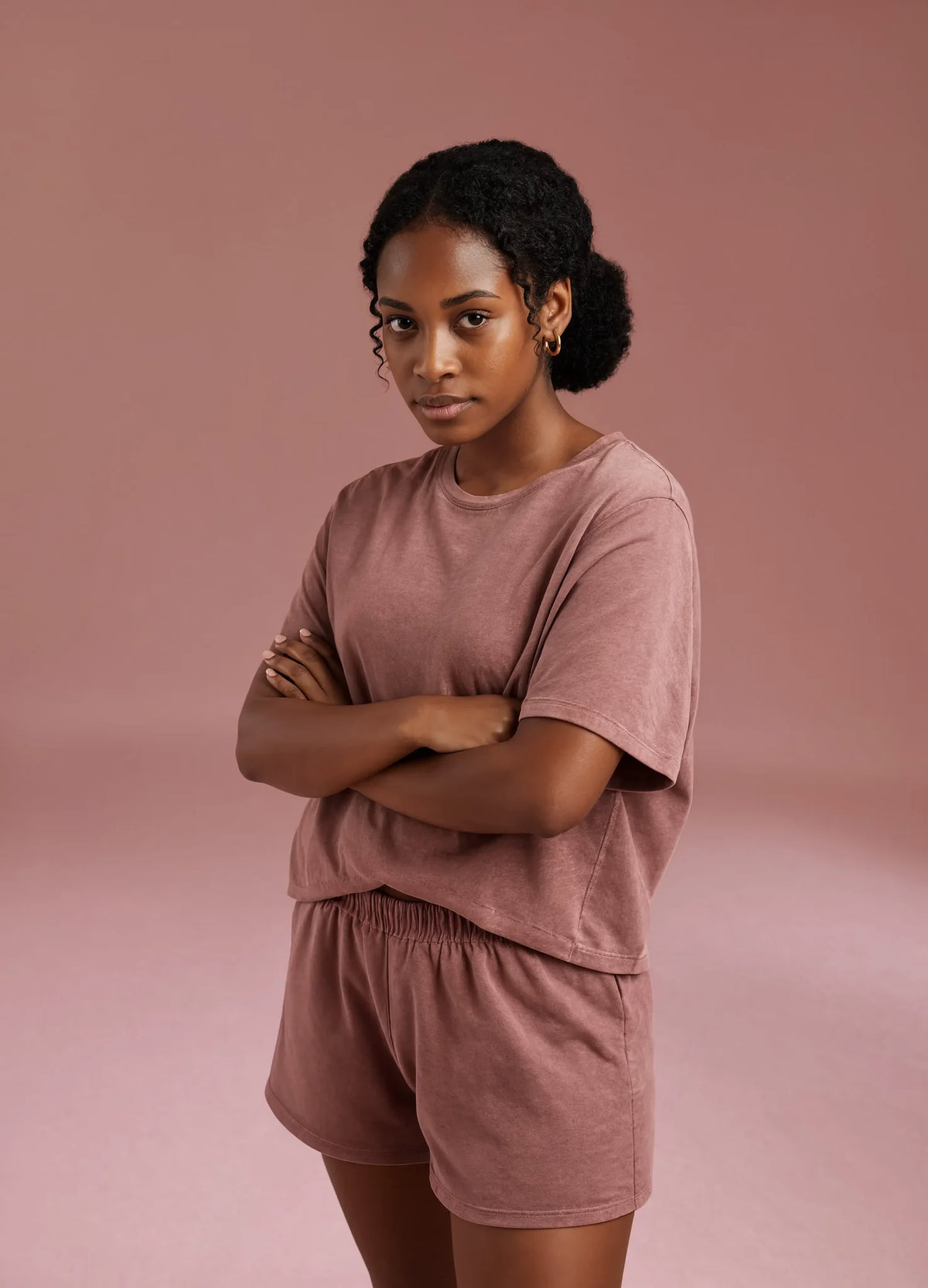 nabi Heavyweight Faded Tee in Ember Rose (dusty rose), worn as a set with the Sweat Shorts