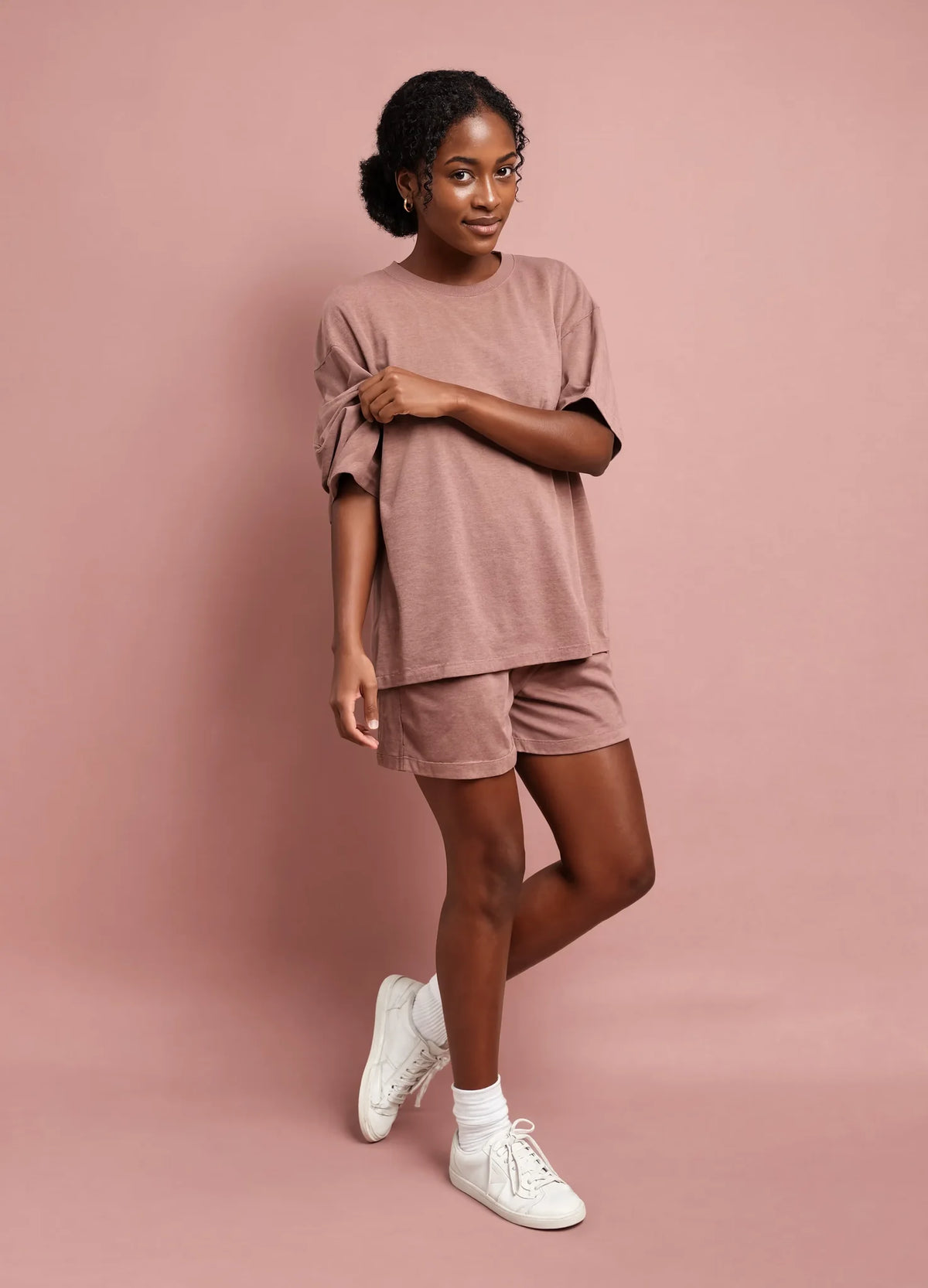 nabi Heavyweight Faded Tee in Ember Rose (dusty rose), set look, tonal backdrop