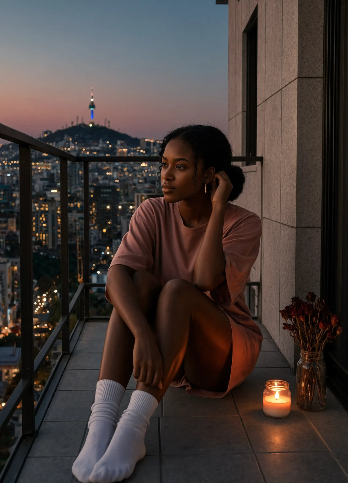 nabi Heavyweight Faded Tee in Ember Rose (dusty rose), balcony at dusk, lifestyle