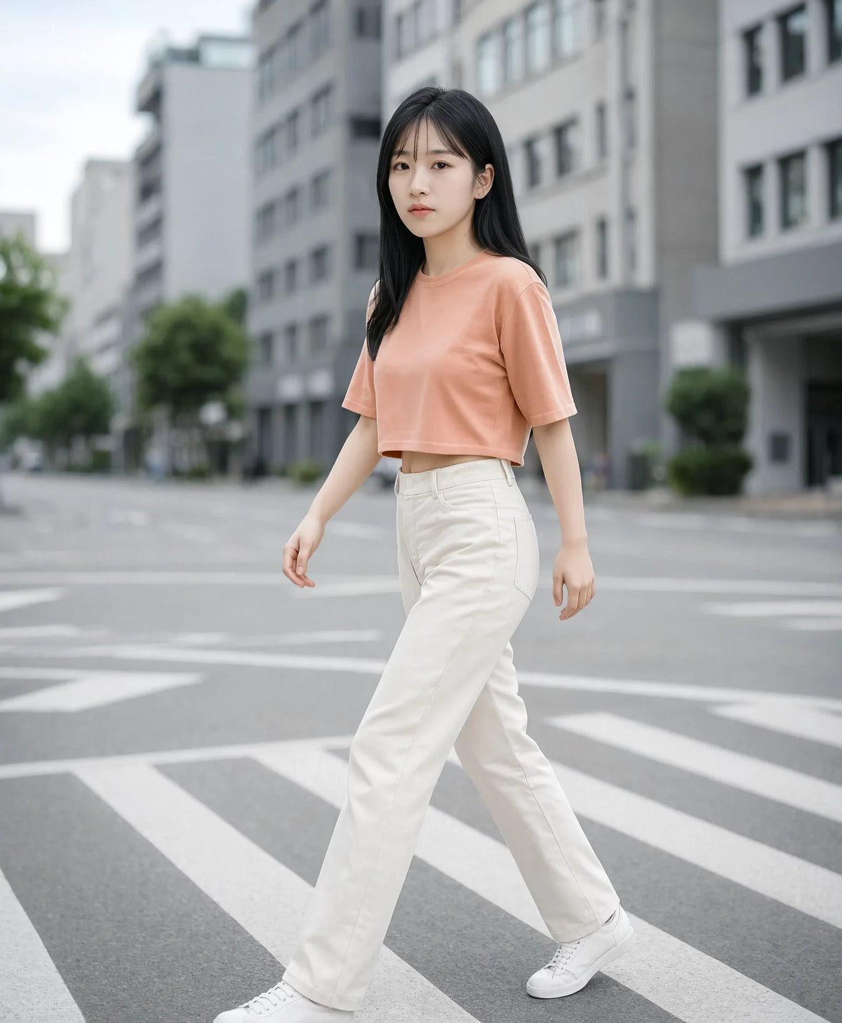 nabi Signature Crop Tee in Peach, Faded (faded peach), city crosswalk, lifestyle