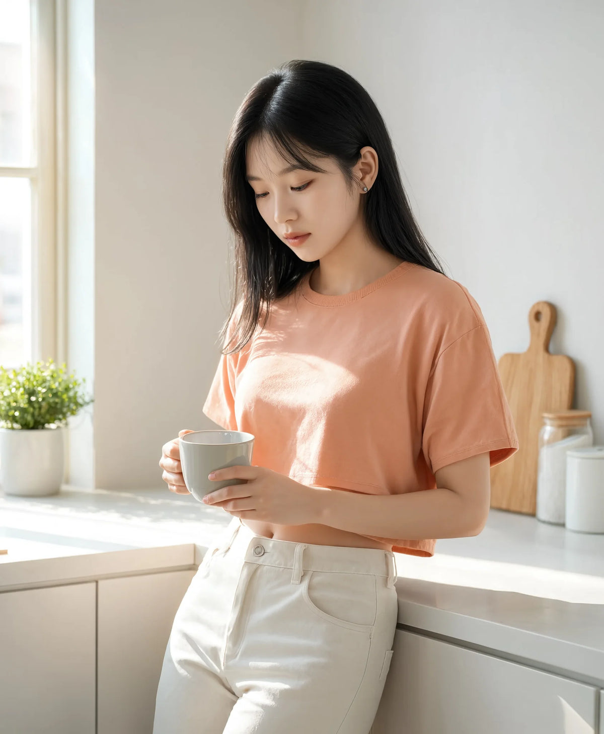 nabi Signature Crop Tee in Peach, Faded (faded peach), sunlit kitchen, lifestyle