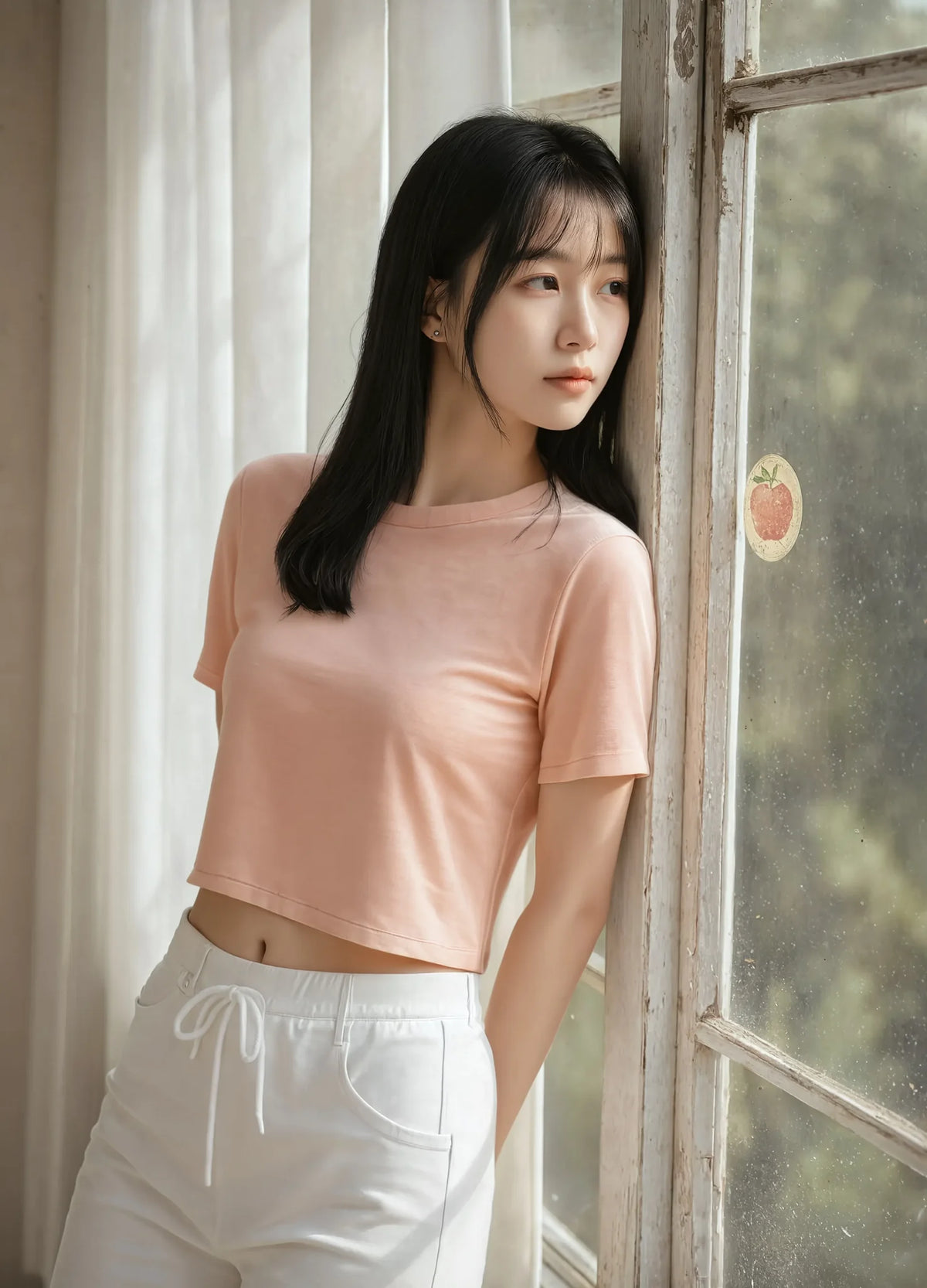 nabi Signature Crop Tee in Peach Faded (faded peach), by the window, lifestyle