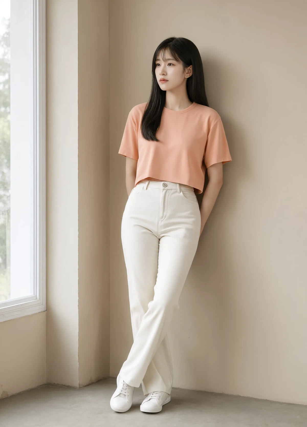 nabi Signature Crop Tee in Peach, Faded (faded peach), leaning, soft neutral backdrop