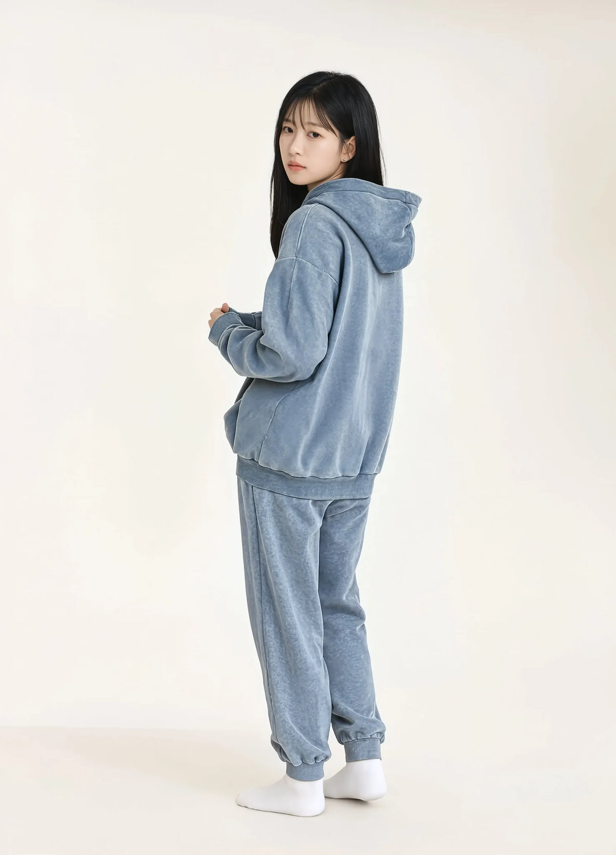 nabi Pigment-Dyed Hoodie in Washed Chambray (washed blue), worn as a set with the Wash Sweatpants