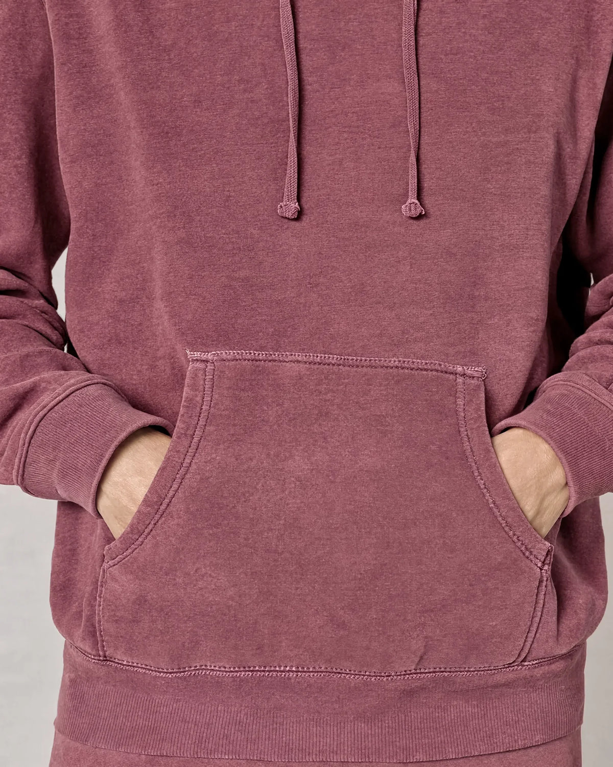 nabi Pigment-Dyed Hoodie in Ember Rose (dusty rose), kangaroo pocket and drawcord detail