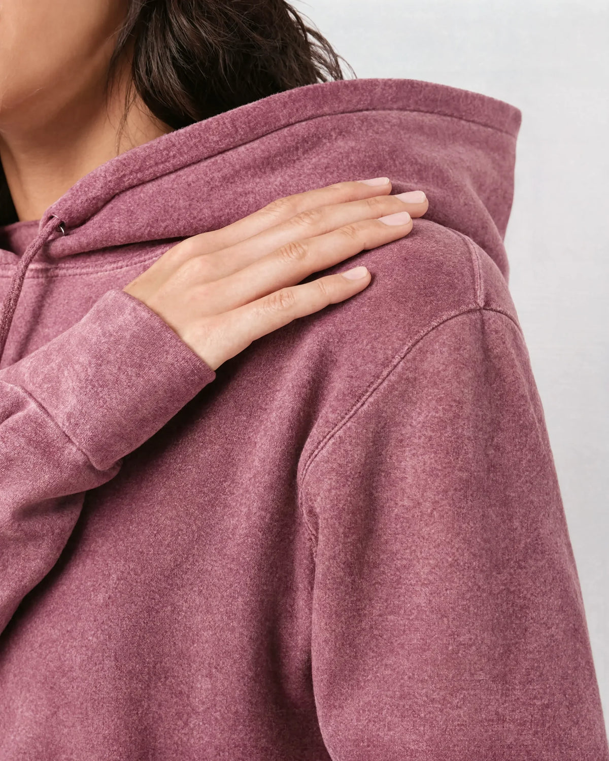 nabi Pigment-Dyed Hoodie in Ember Rose (dusty rose), pigment-dyed fleece and shoulder seam detail