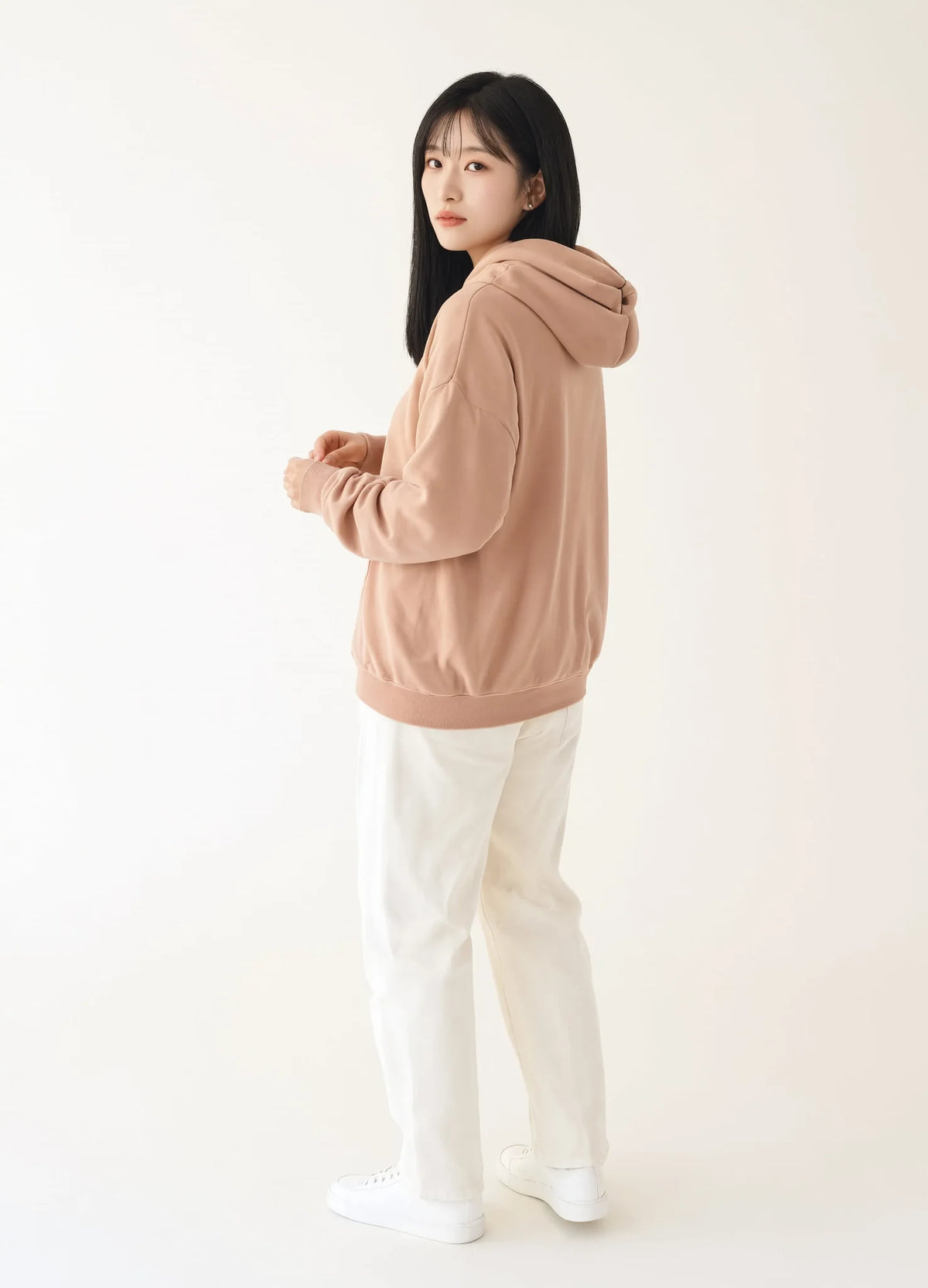 nabi Pigment-Dyed Hoodie in Peach Faded (faded peach), front view on model