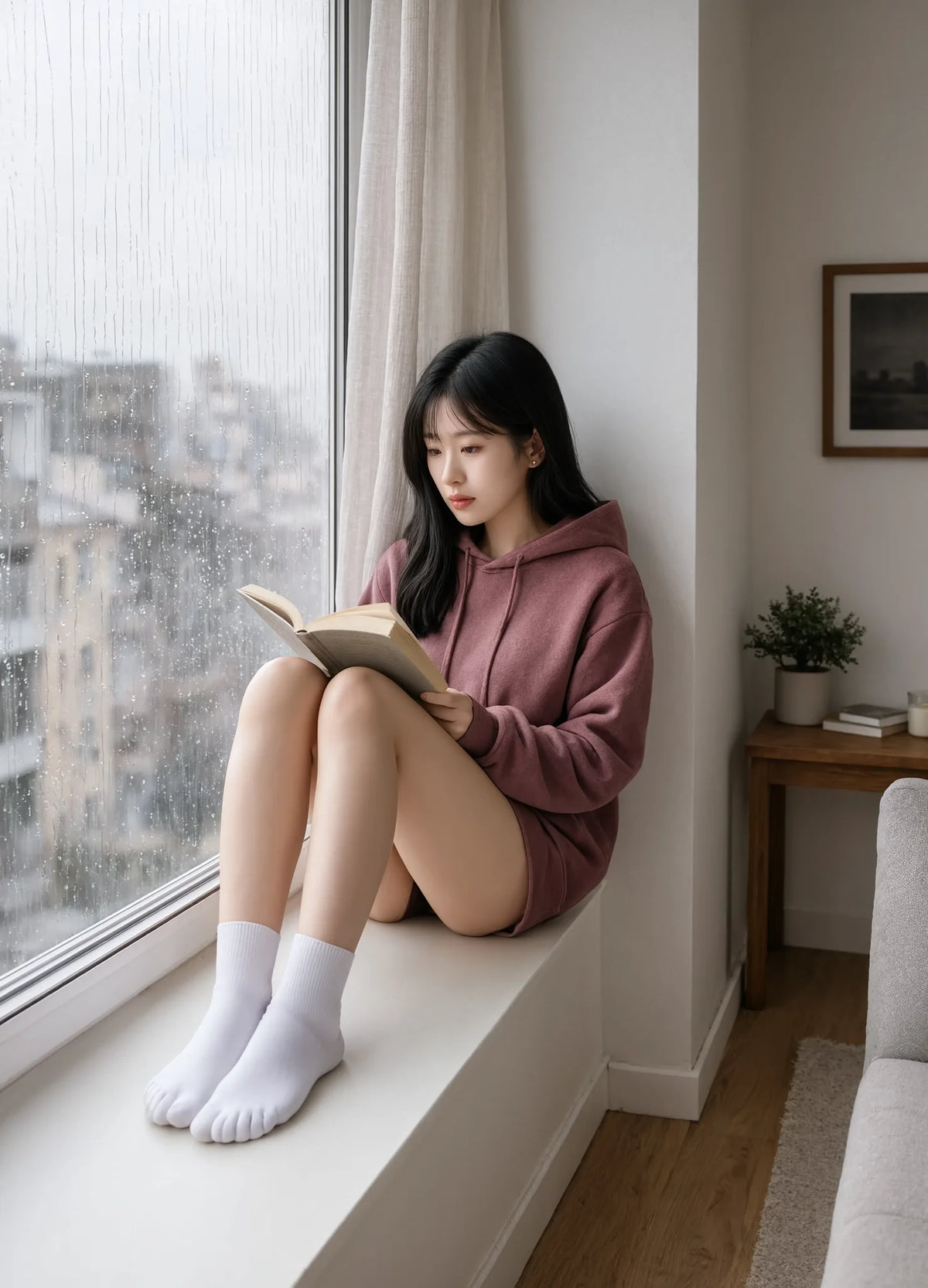 nabi Pigment-Dyed Hoodie in Ember Rose (dusty rose), reading by a rainy window, lifestyle