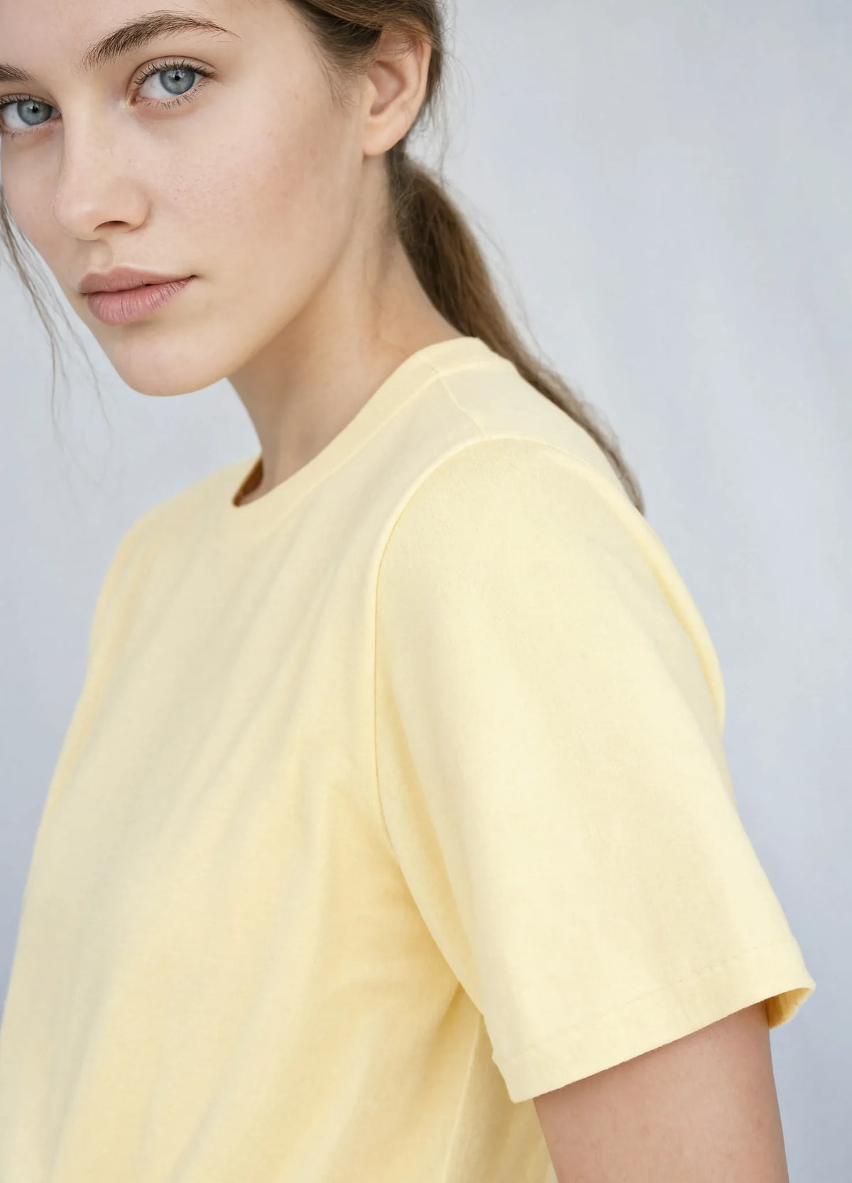 nabi Boxy Tee in Sunday Butter (soft butter yellow), sleeve detail