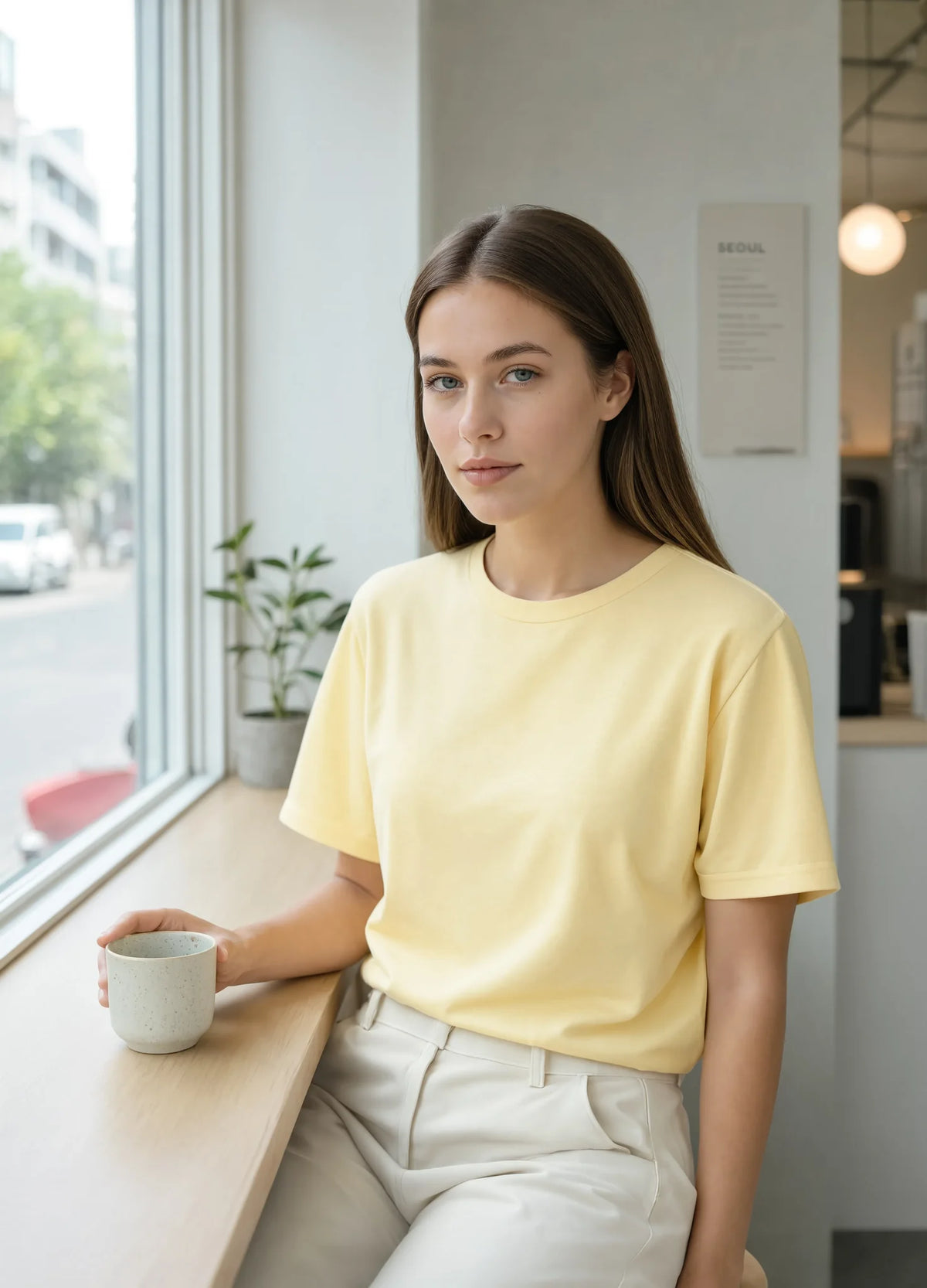 nabi Boxy Tee in Sunday Butter (soft butter yellow), cafe window, lifestyle