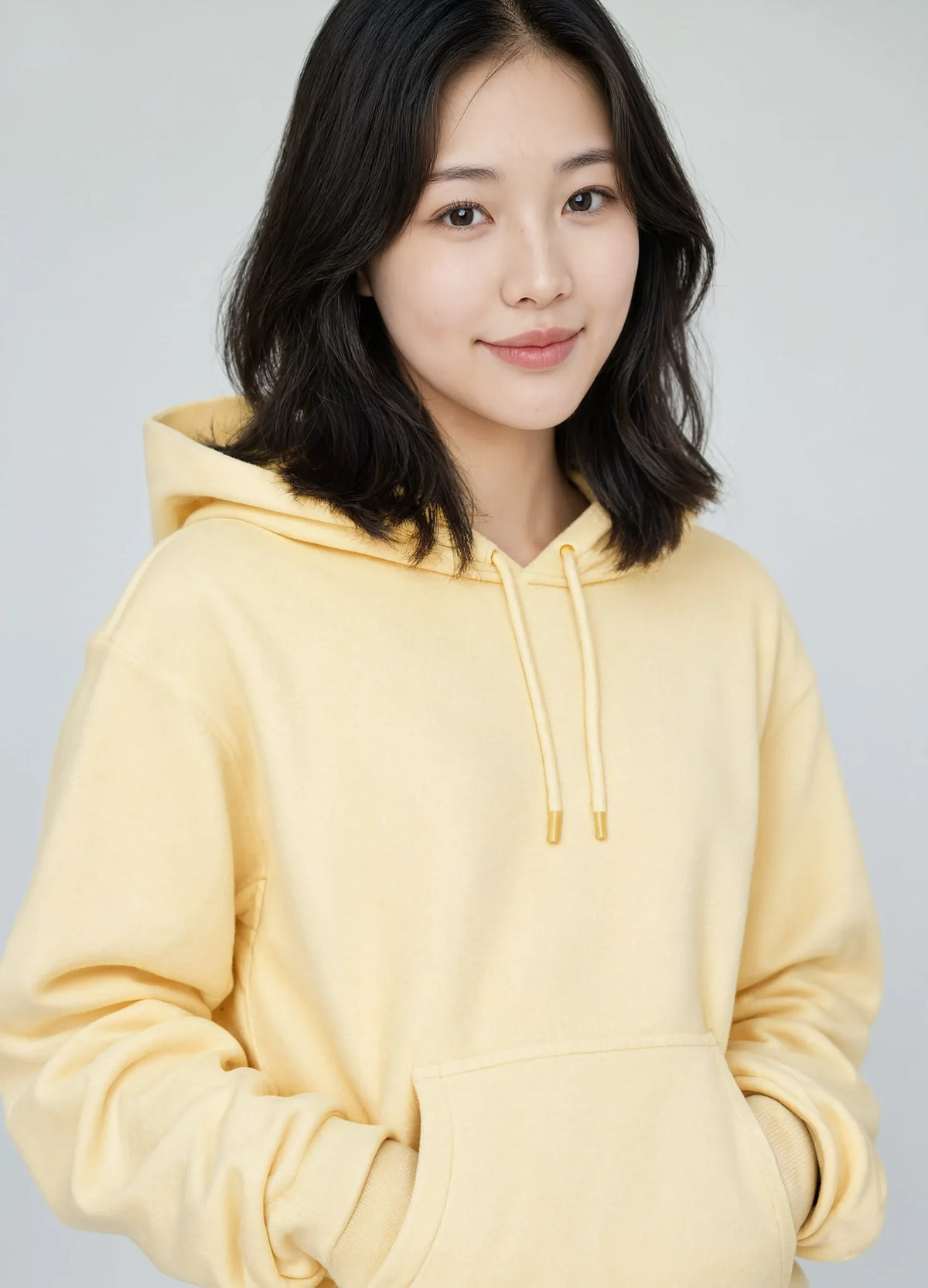 nabi Pullover Hoodie in Sunday Butter (soft butter yellow), kangaroo pocket and drawcord detail