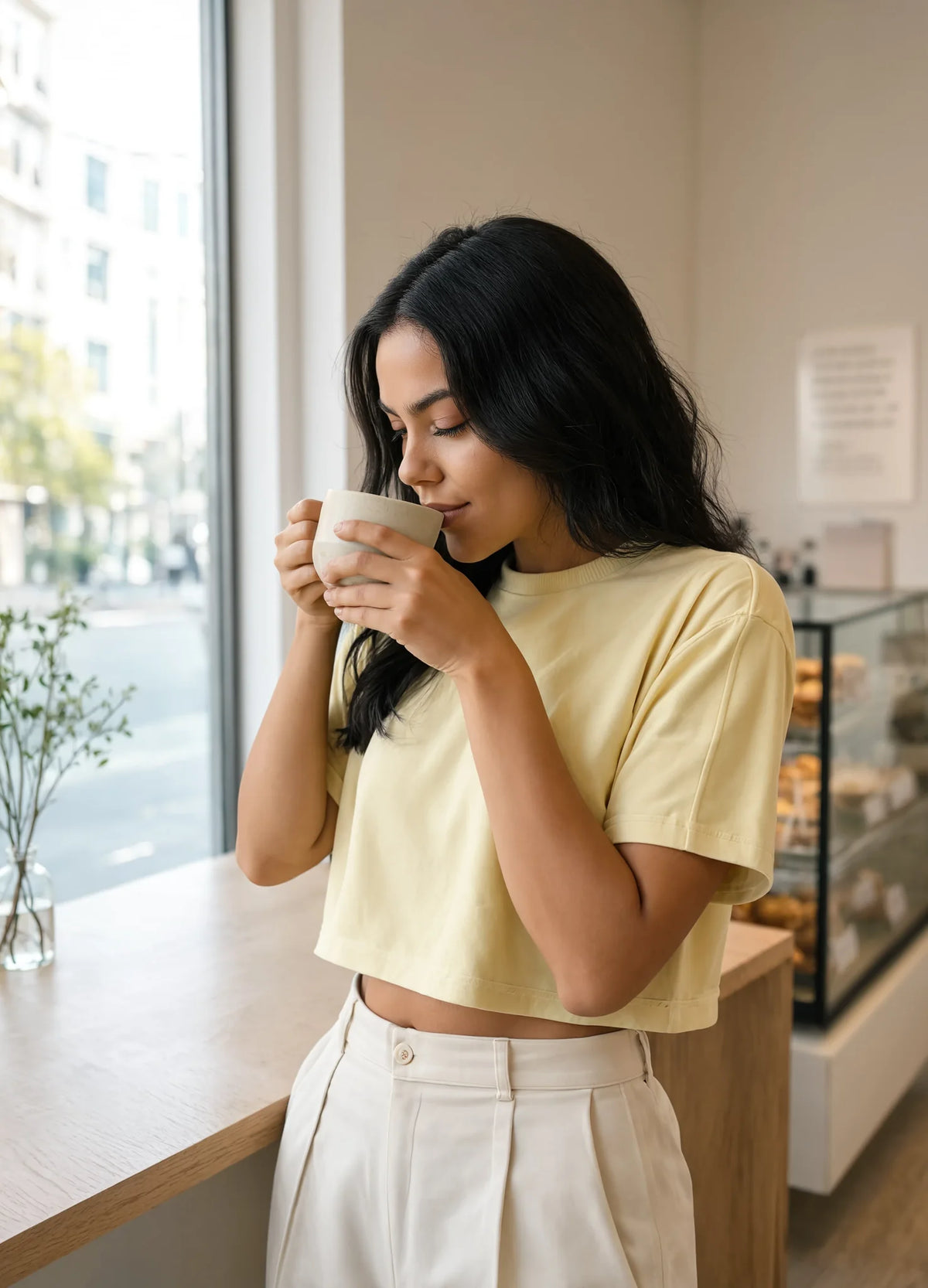nabi Relaxed Crop Tee in Sunday Butter (soft butter yellow), cafe morning, lifestyle