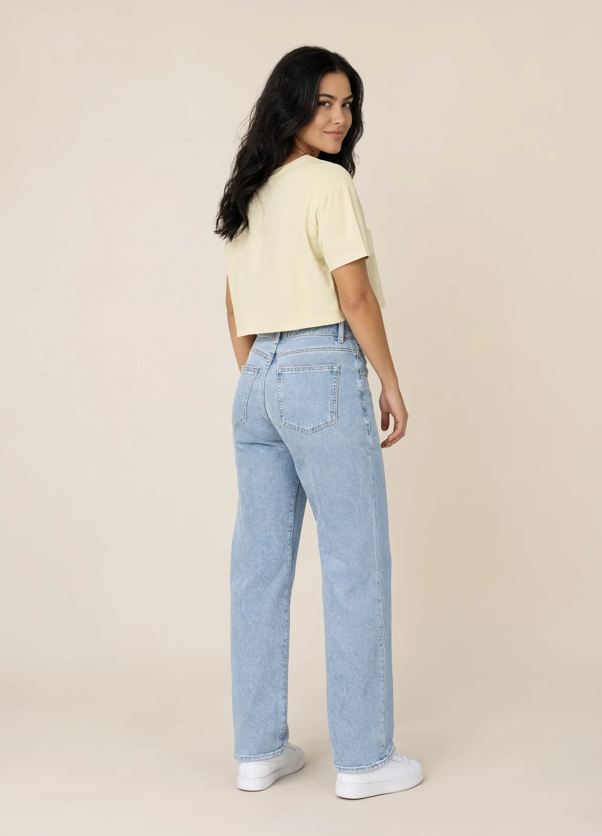 nabi Relaxed Crop Tee in Sunday Butter (soft butter yellow), back view on model