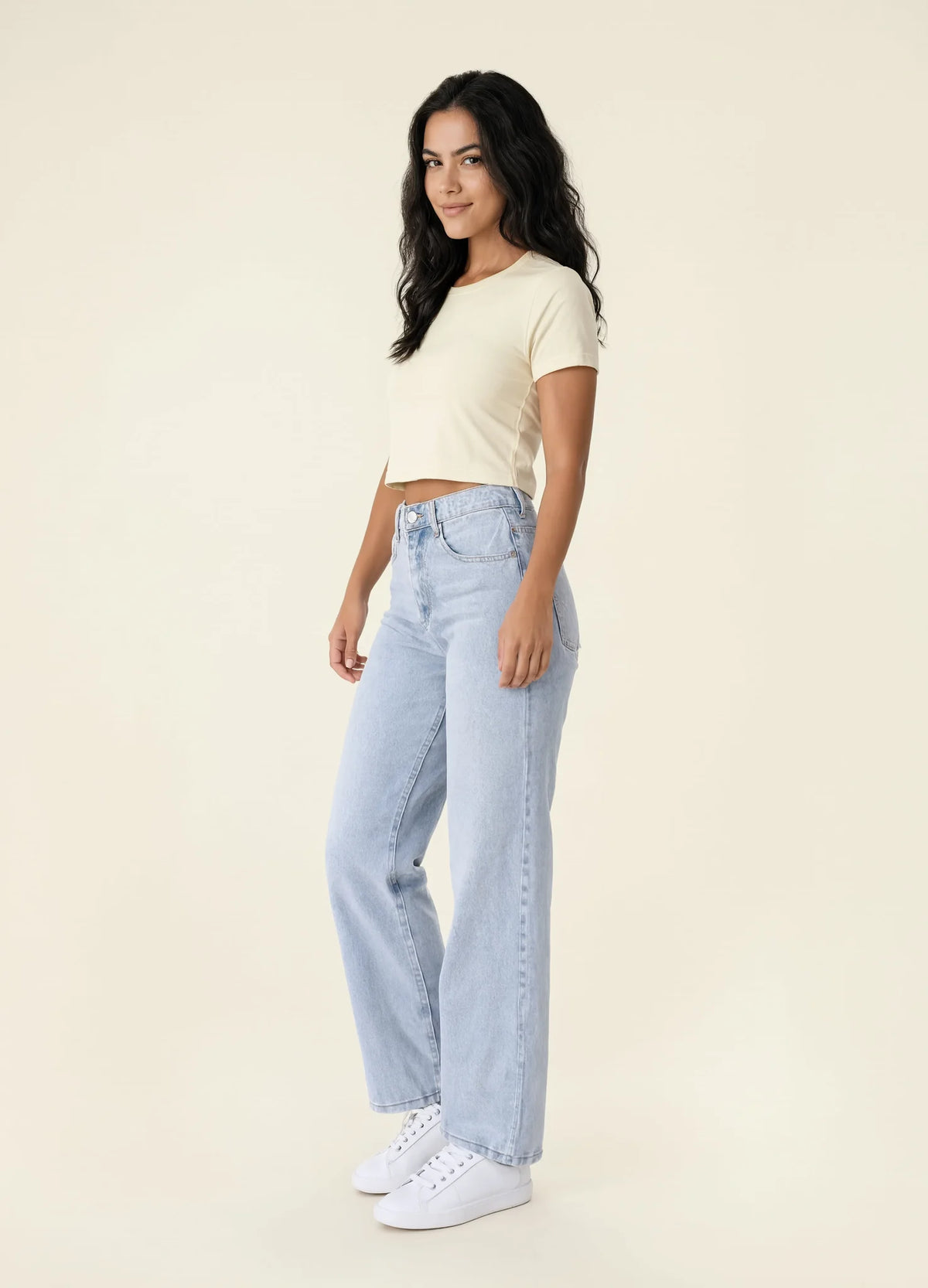 nabi Relaxed Crop Tee in Sunday Butter (soft butter yellow), three-quarter view on model