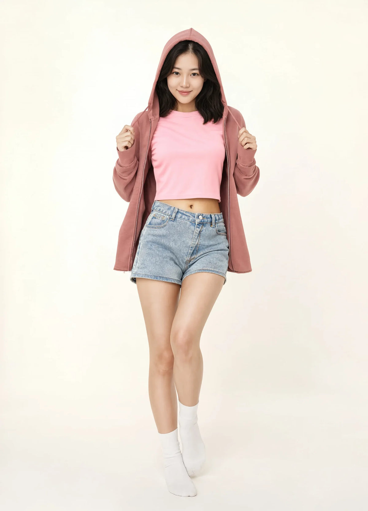 nabi Baby Tee in Underwing (pale pink), worn under the Wash Zip Hoodie in Ember Rose