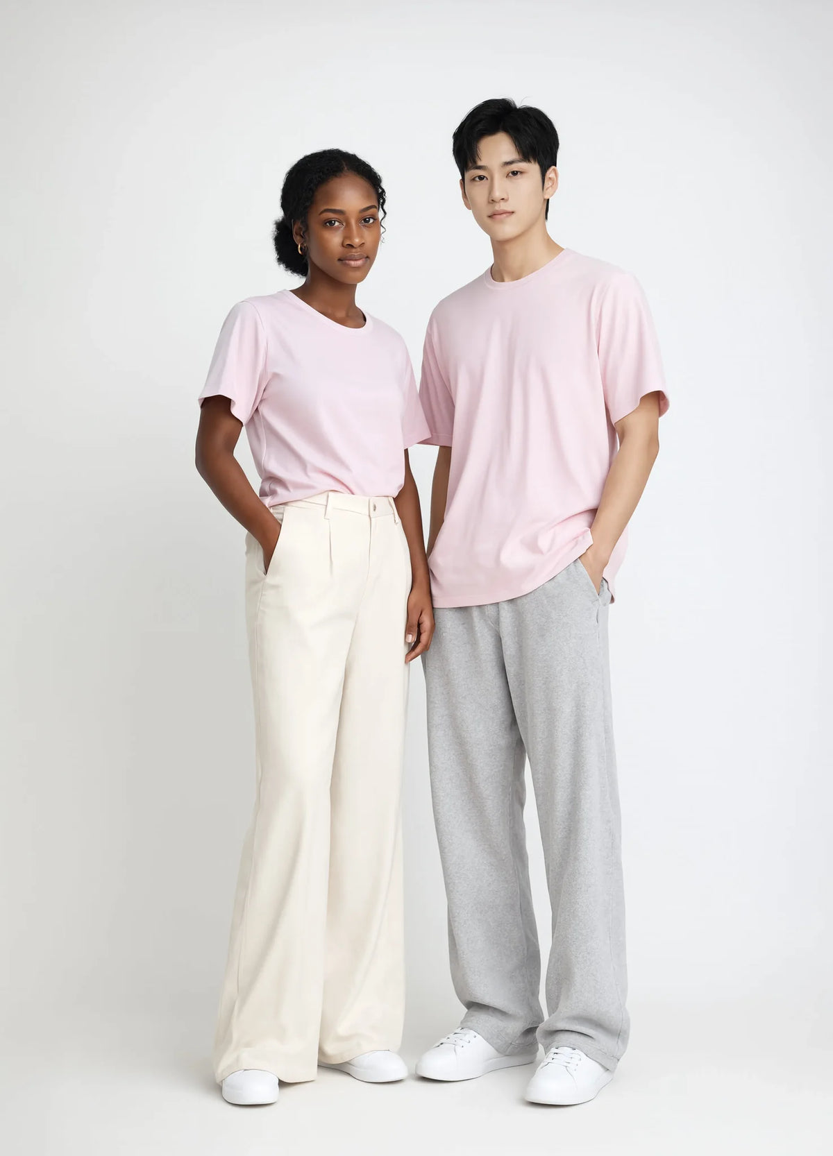 nabi Classic Tee in Underwing (pale pink), unisex fit, worn by two models