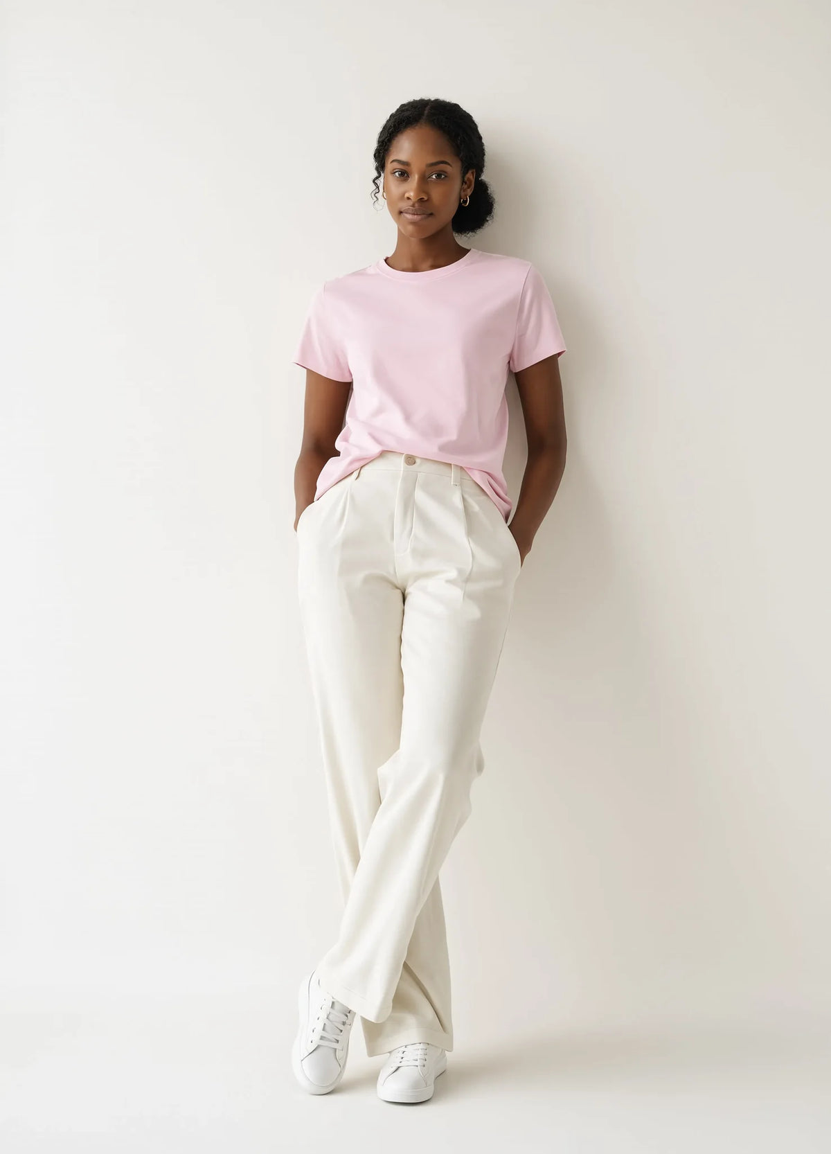 nabi Classic Tee in Underwing (pale pink), leaning, relaxed fit