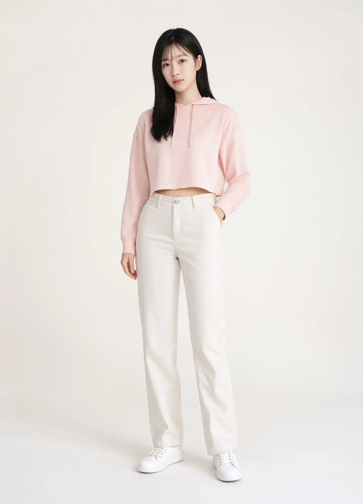 nabi Cropped Hoodie in Underwing (pale pink), front view on model