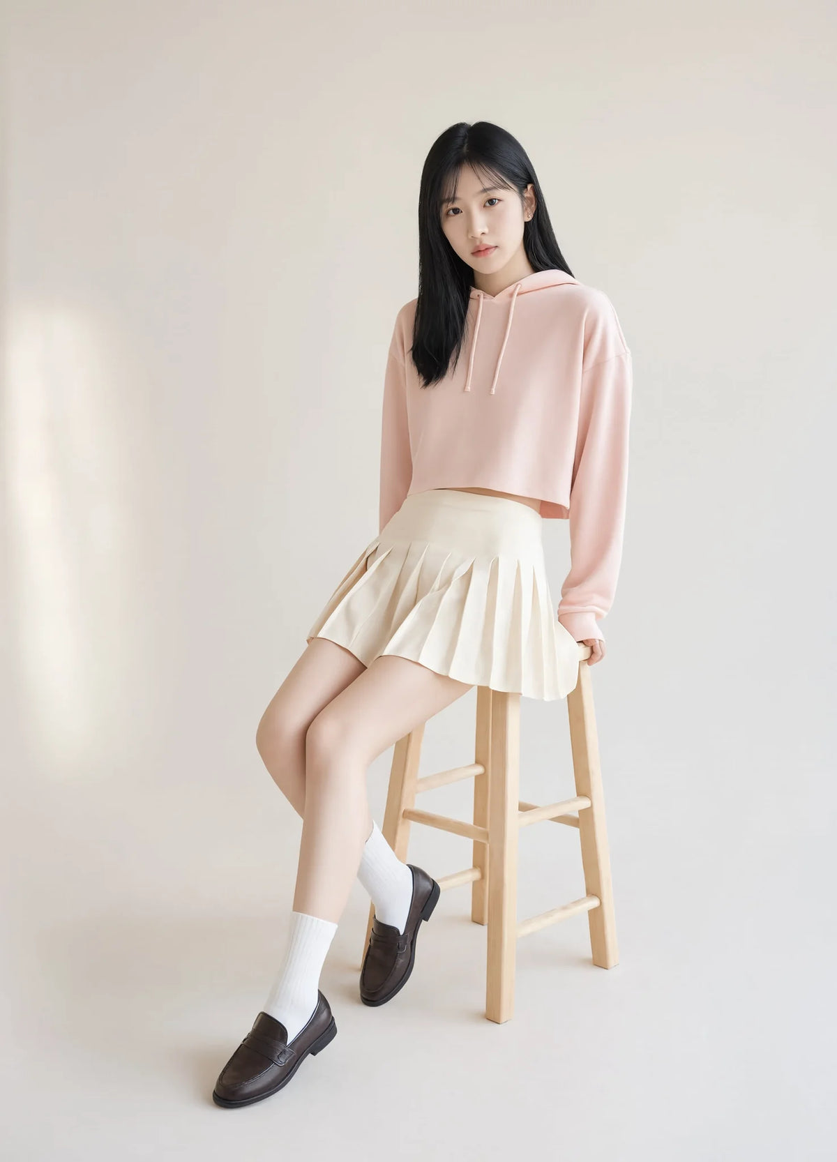 nabi Cropped Hoodie in Underwing (pale pink), seated on a stool