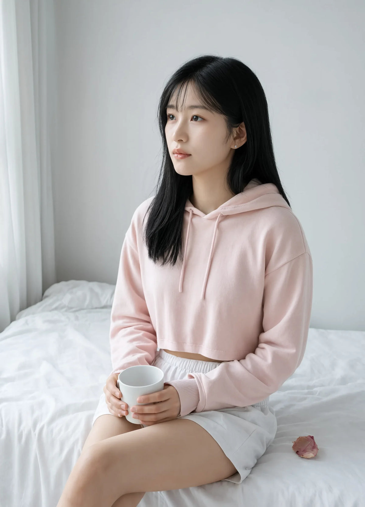 nabi Cropped Hoodie in Underwing (pale pink), morning light, seated on a bed