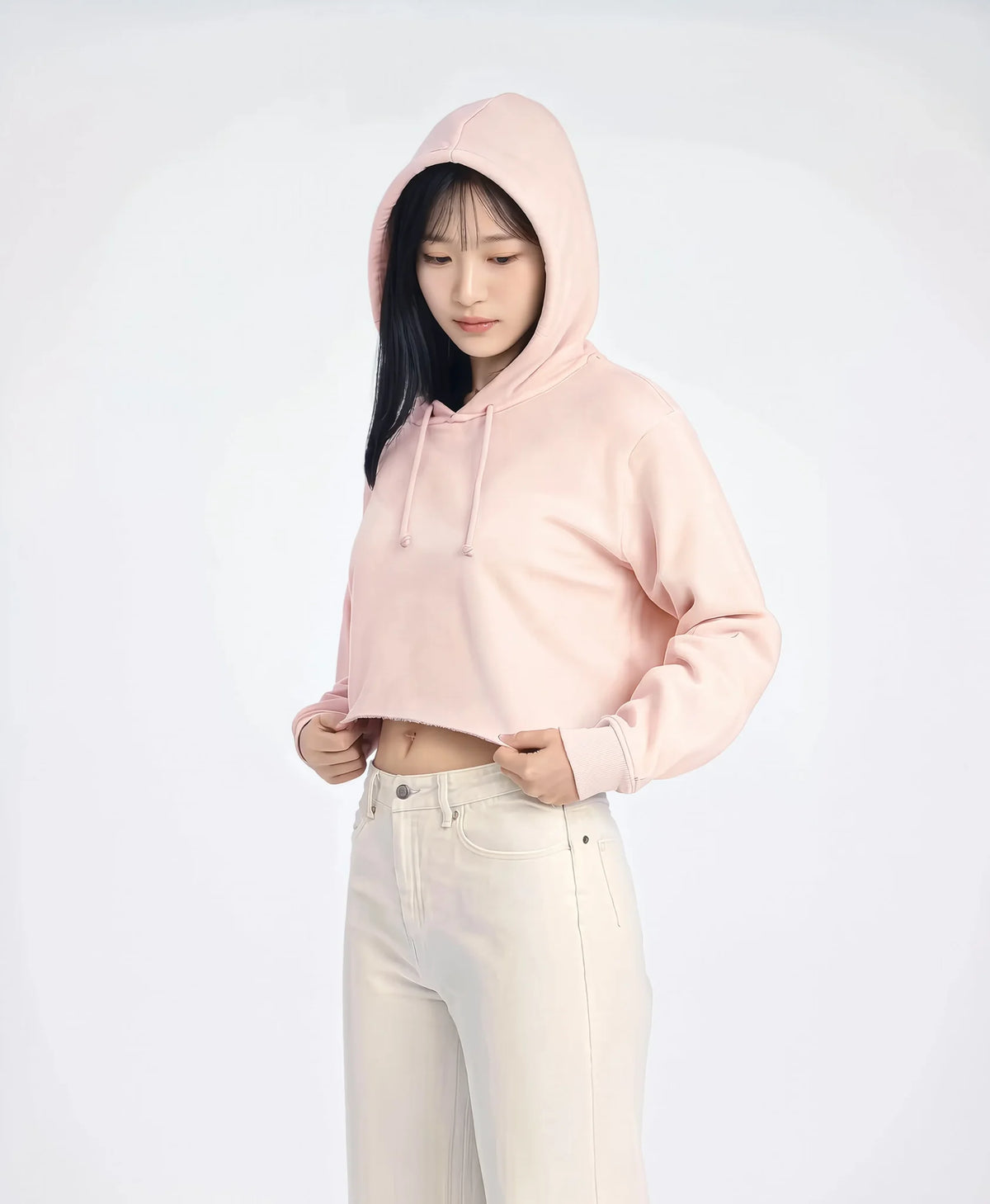 nabi Cropped Hoodie in Underwing (pale pink), hood up, front view