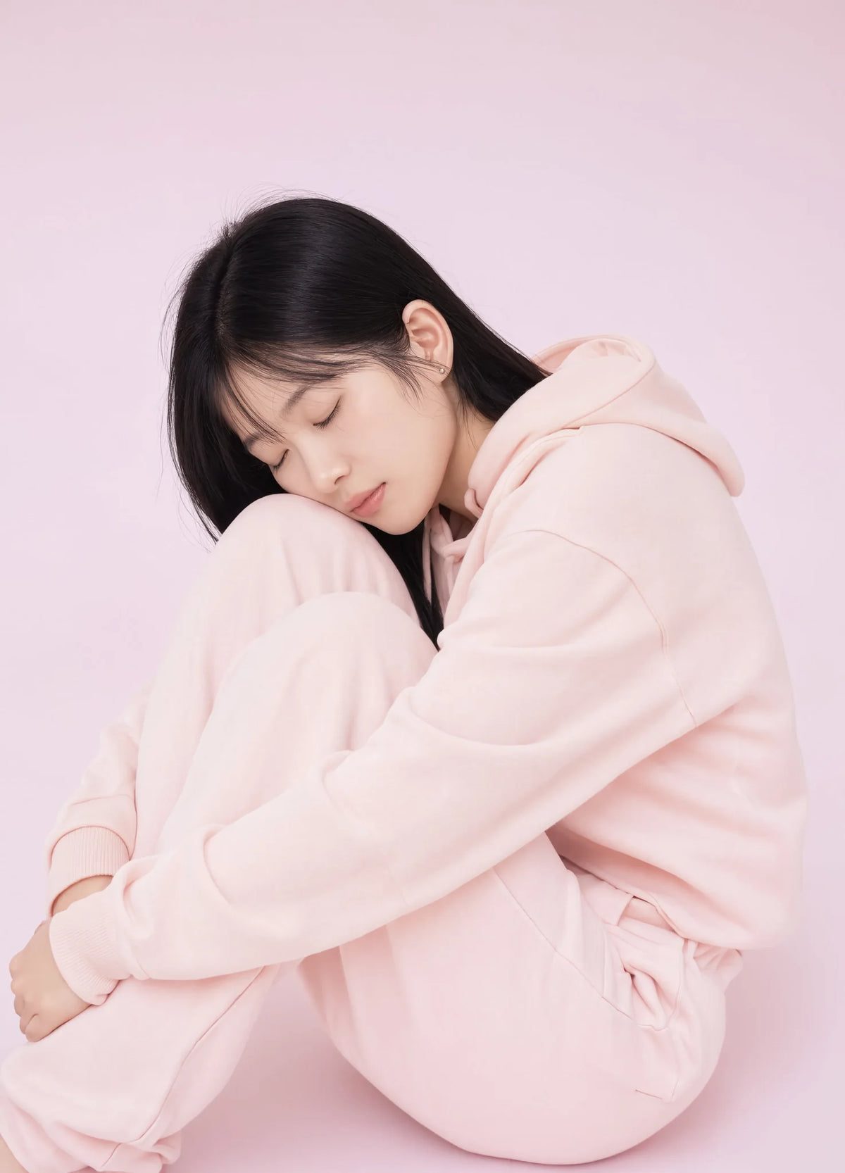 nabi Cropped Hoodie in Underwing (pale pink), tonal portrait on a matching pink backdrop