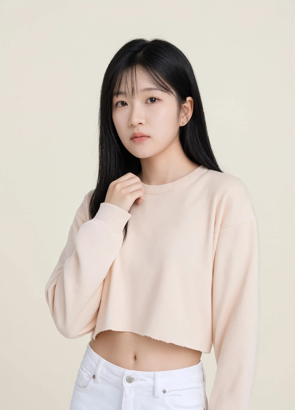 nabi Cropped Crew Sweatshirt in Underwing (pale pink), waist-up portrait
