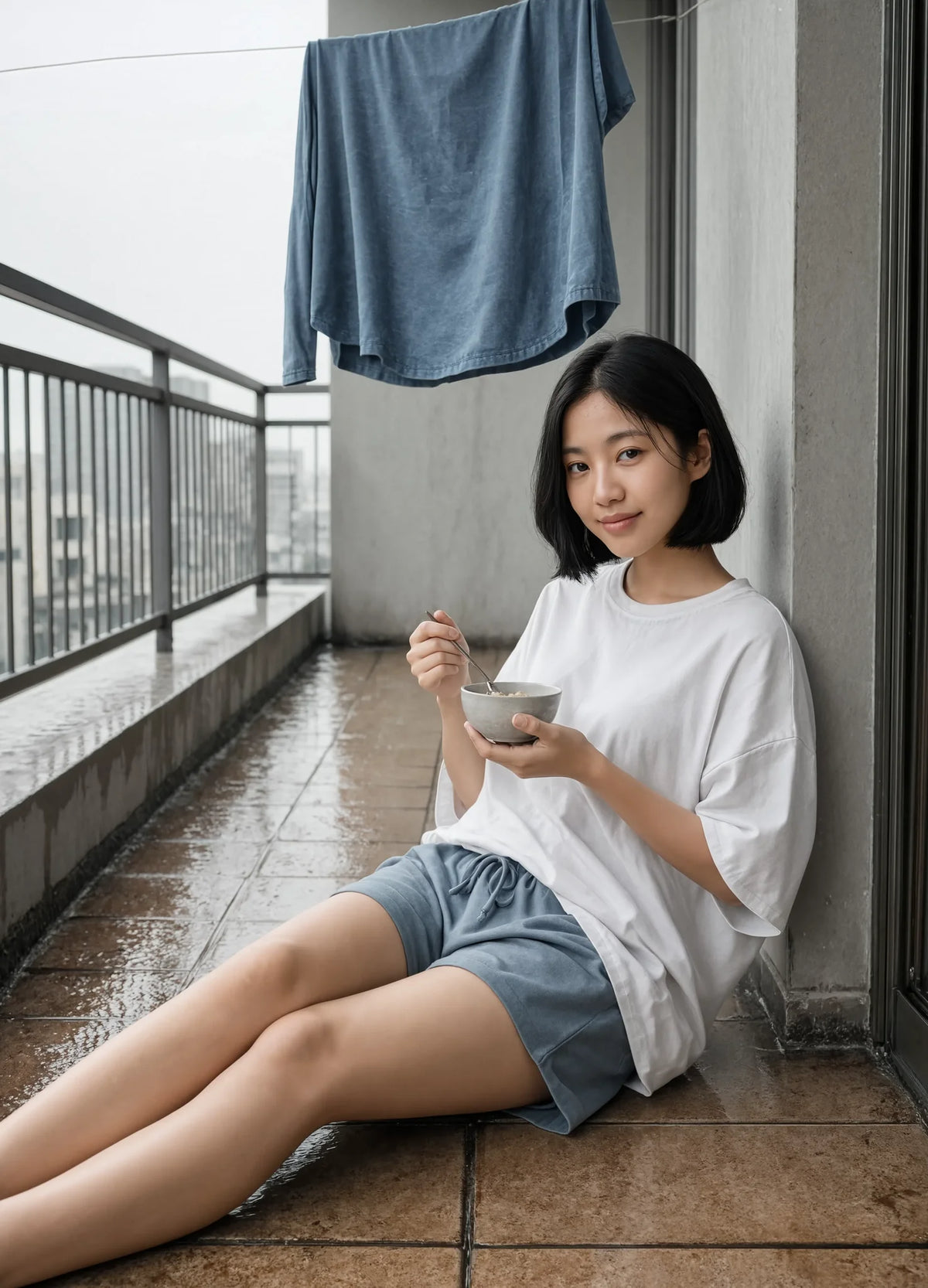 nabi Sweat Shorts in Washed Chambray (washed blue), balcony after rain, lifestyle