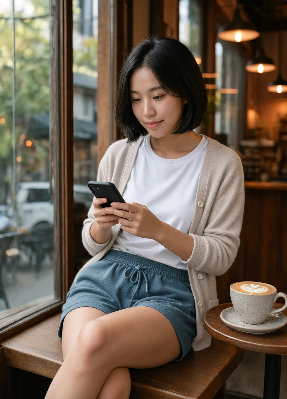 nabi Sweat Shorts in Washed Chambray (washed blue), cafe window seat, lifestyle