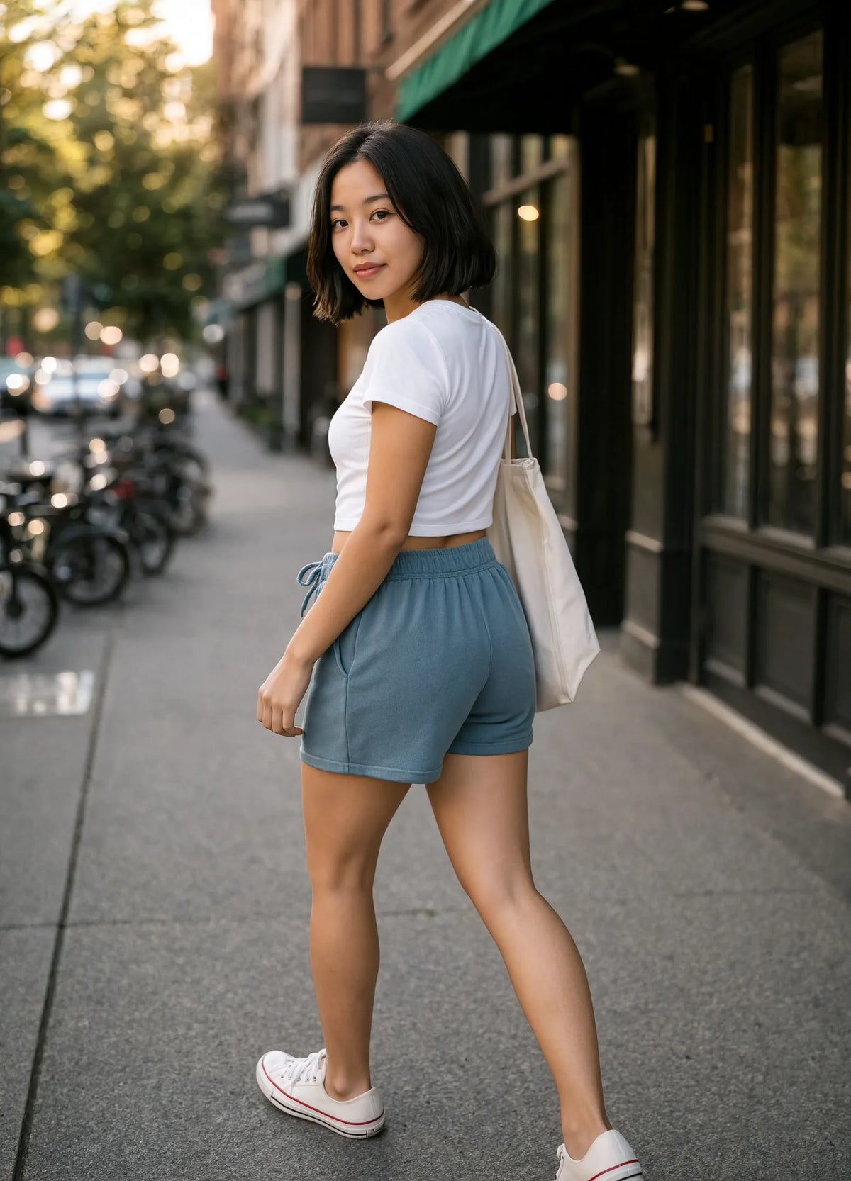 nabi Sweat Shorts in Washed Chambray (washed blue), city street, lifestyle