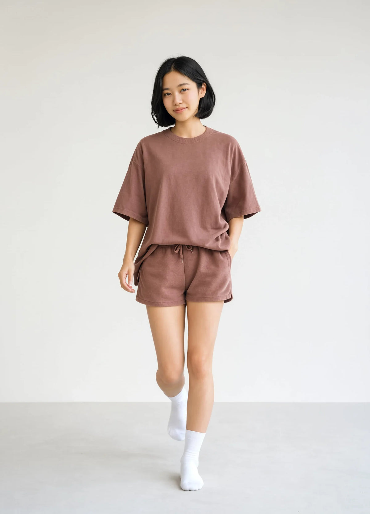 nabi Sweat Shorts in Ember Rose (dusty rose), worn as a set with the Faded Tee, front view