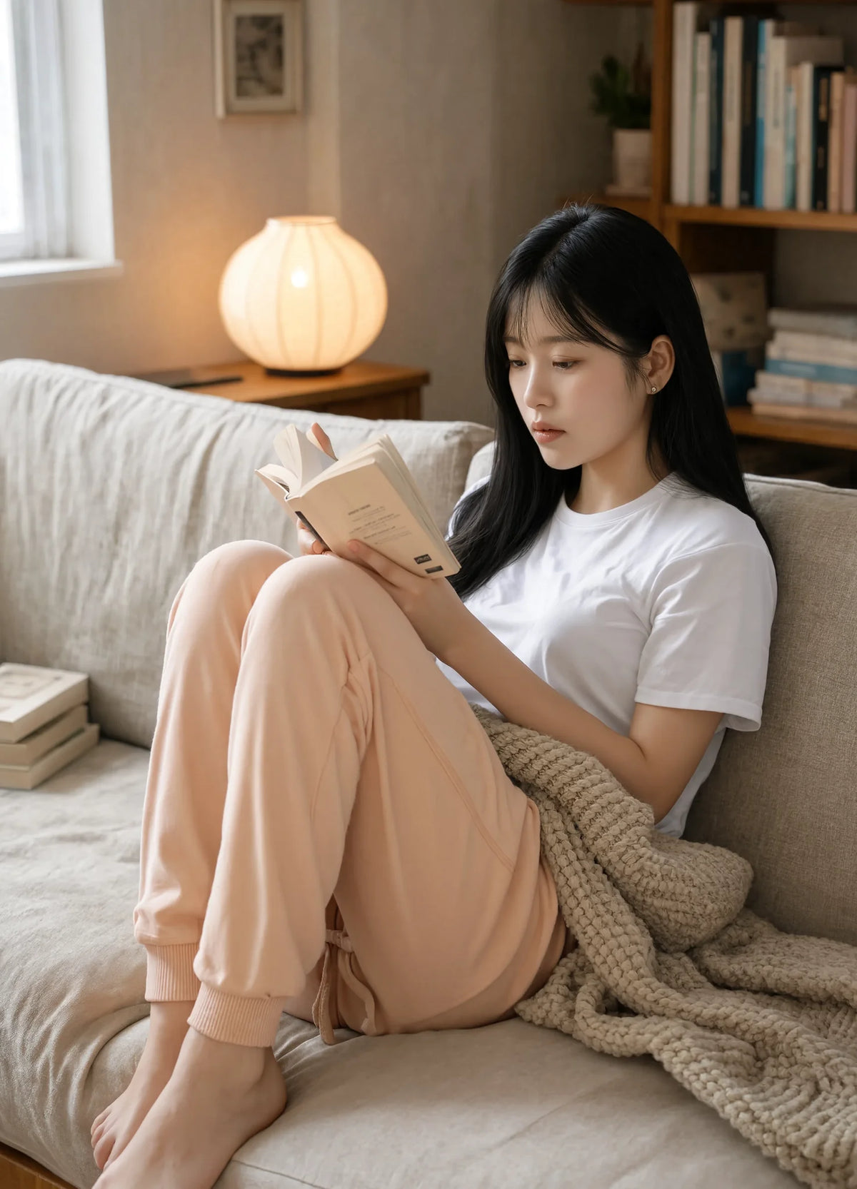 nabi Wash Sweatpants in Peach Faded (faded peach), reading on the sofa, lifestyle