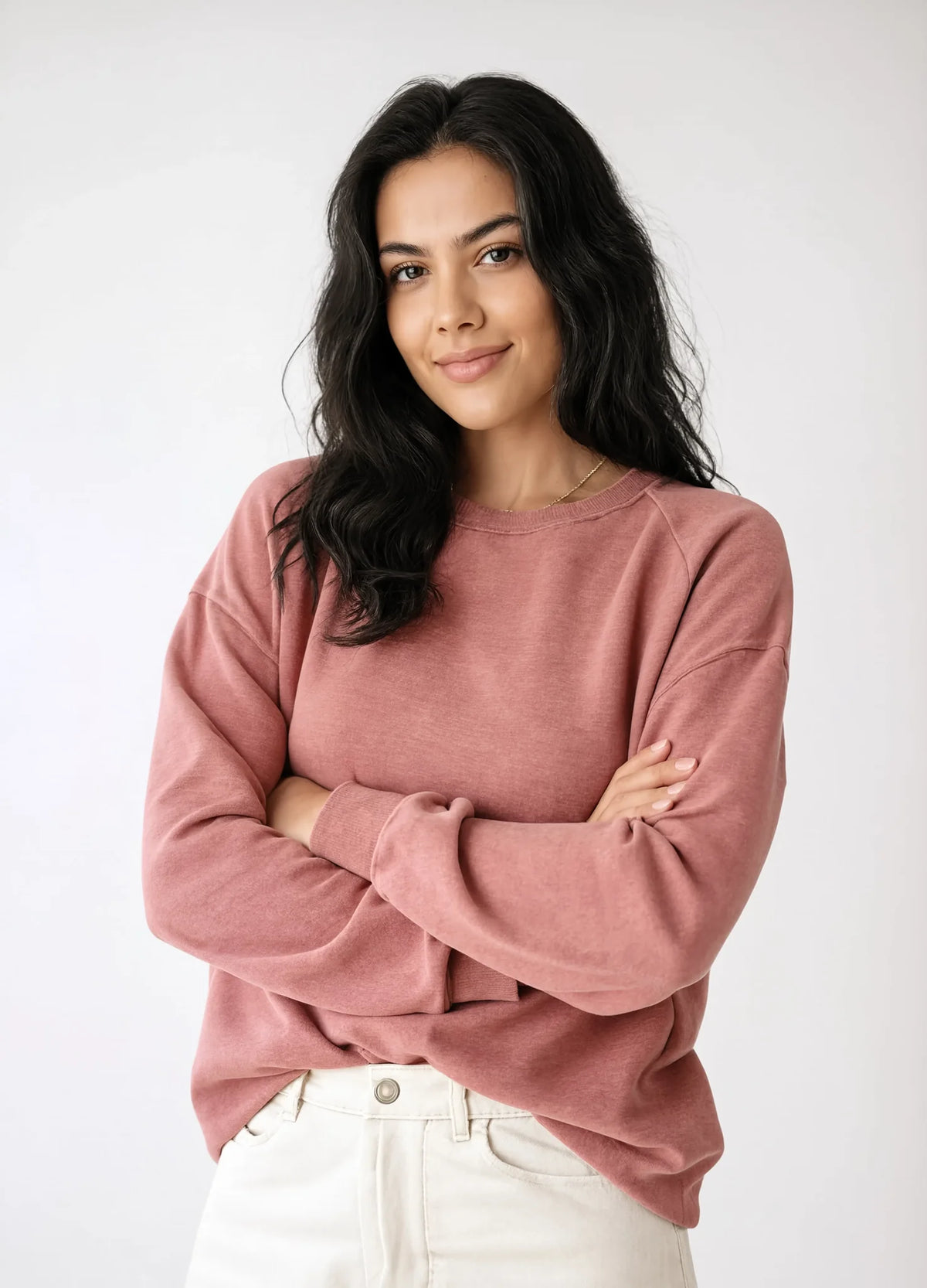 nabi Wash Sweatshirt in Ember Rose (dusty rose), half-body front view
