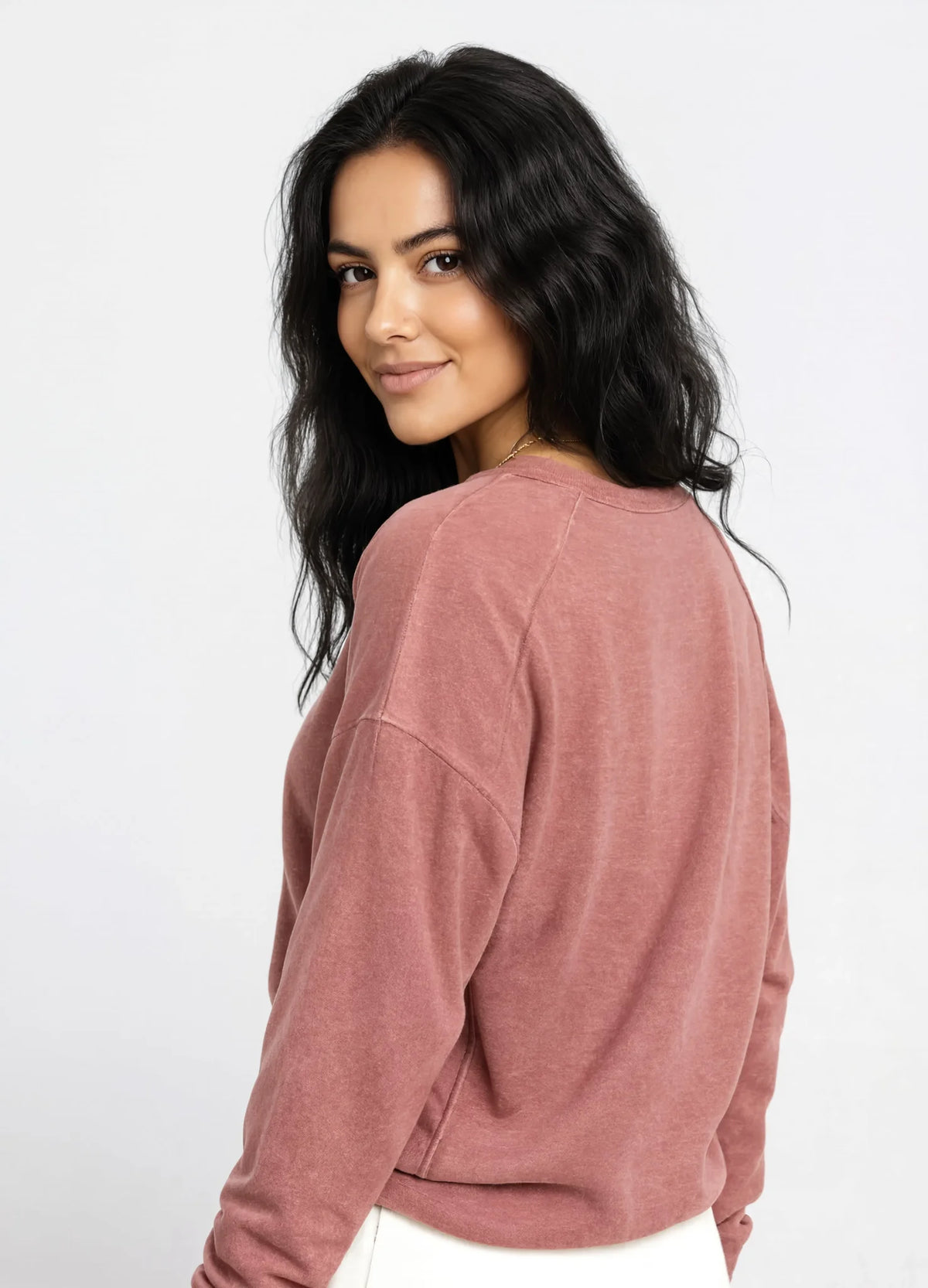 nabi Wash Sweatshirt in Ember Rose (dusty rose), back shoulder and raglan seam detail