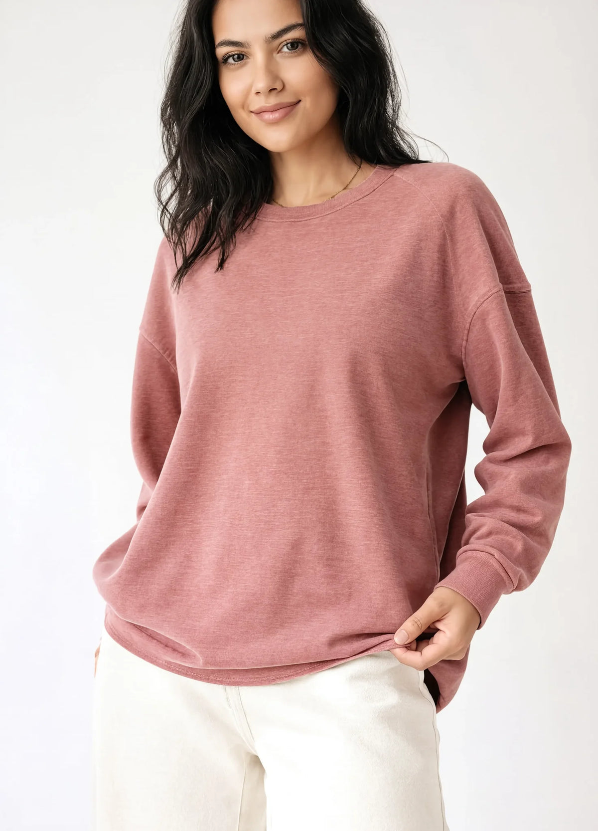 nabi Wash Sweatshirt in Ember Rose (dusty rose), hem detail