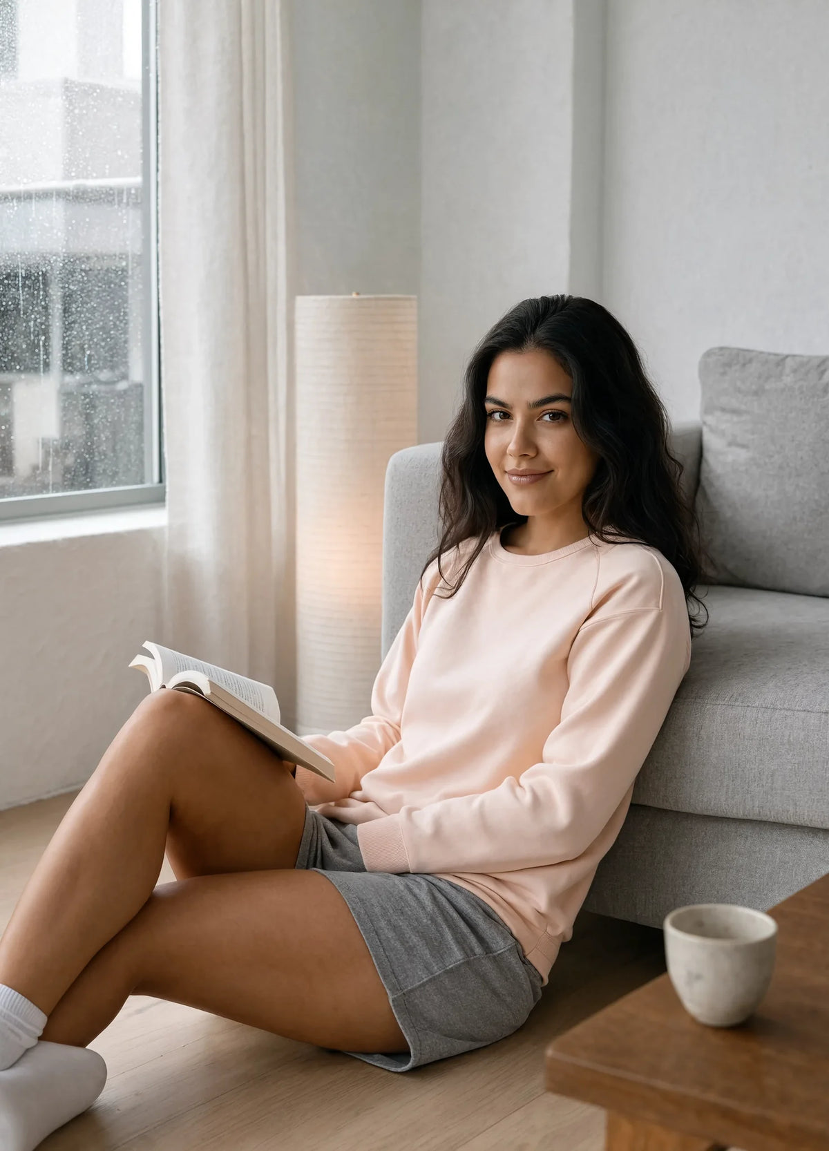 nabi Wash Sweatshirt in Peach Faded (faded peach), reading by the window, lifestyle