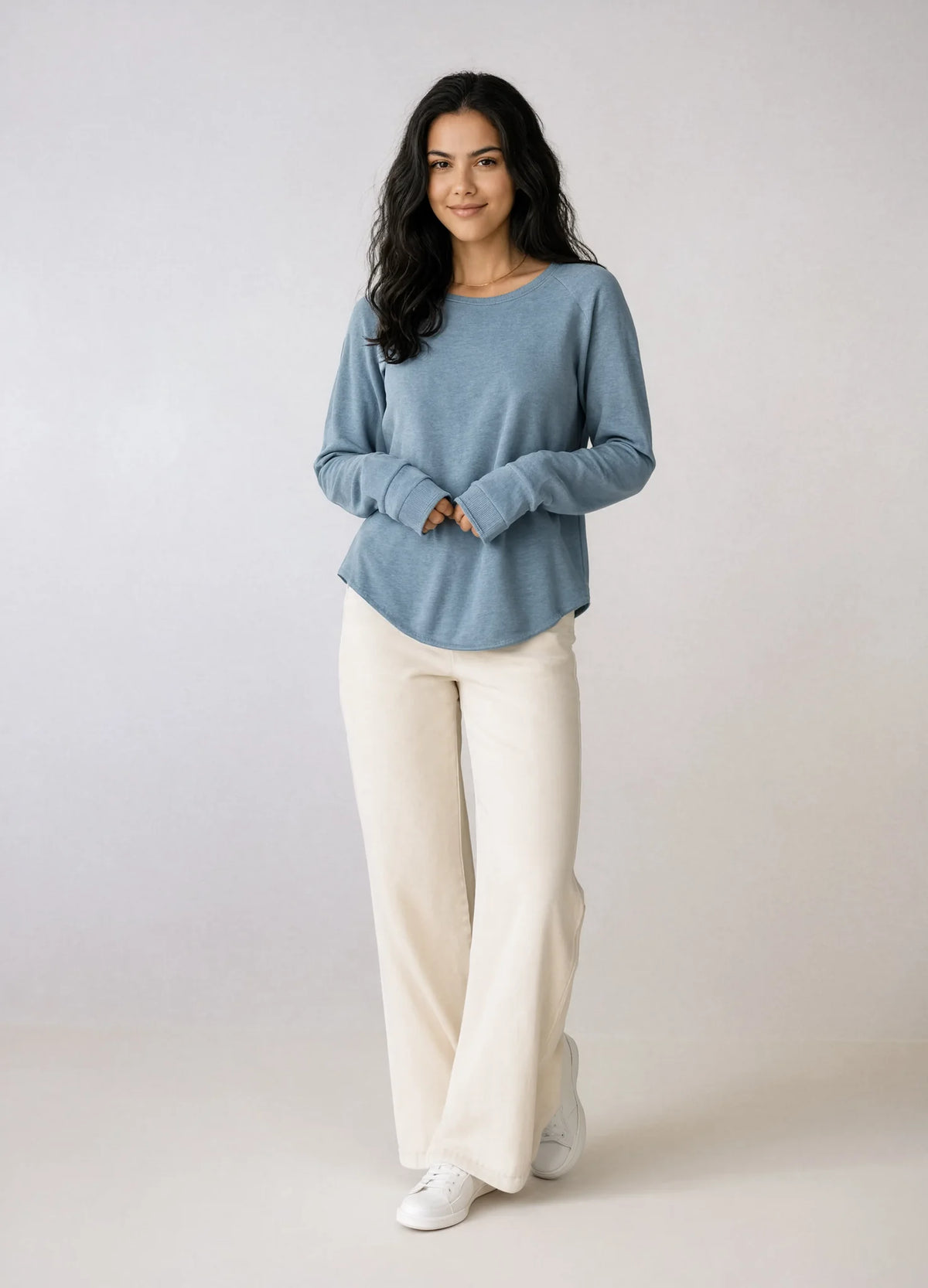 nabi Wash Sweatshirt in Washed Chambray (washed blue), front view on model