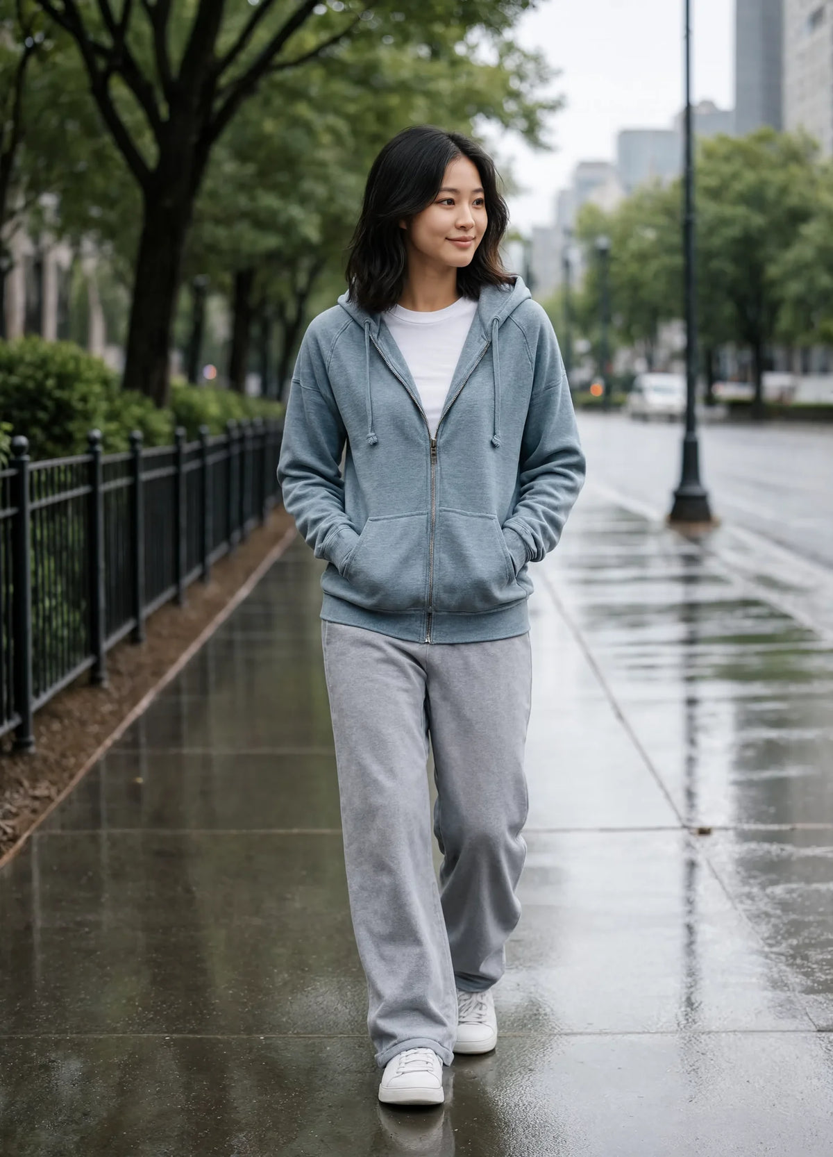 nabi Wash Zip Hoodie in Washed Chambray (washed blue), walking after rain, lifestyle