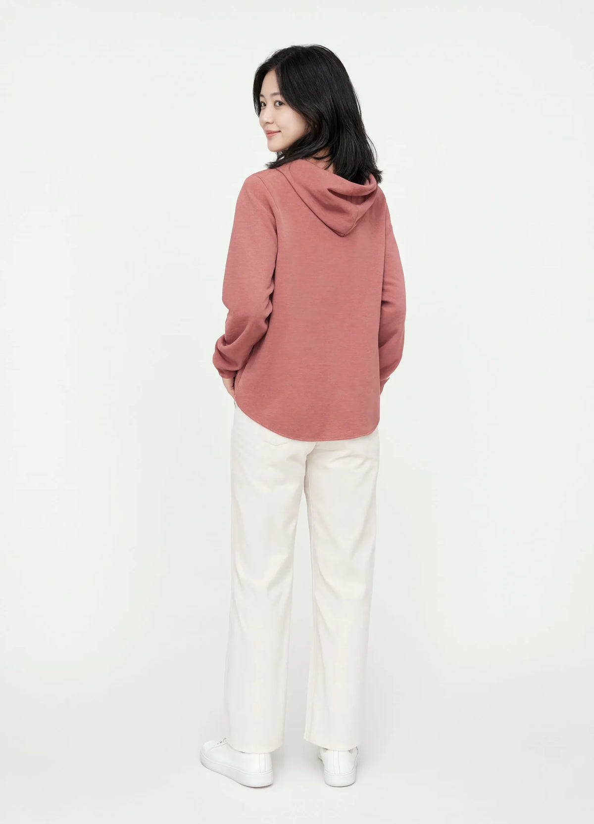 nabi Wash Zip Hoodie in Ember Rose (dusty rose), back view on model