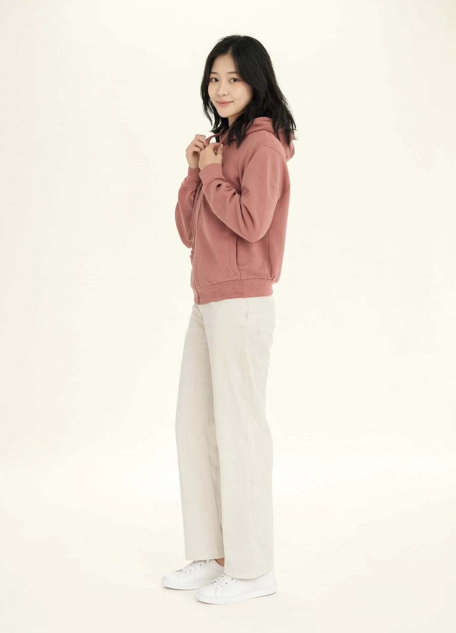 nabi Wash Zip Hoodie in Ember Rose (dusty rose), front view on model