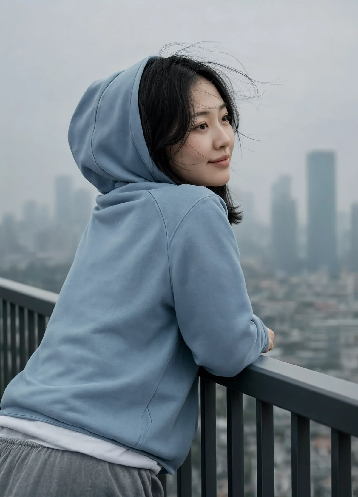nabi Wash Zip Hoodie in Washed Chambray (washed blue), hood up, city view