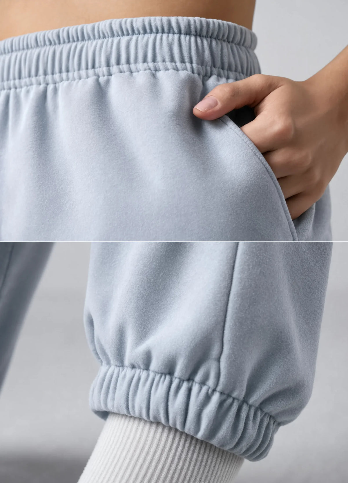 nabi Track Pants in Washed Chambray (washed blue), waistband and elastic cuff detail